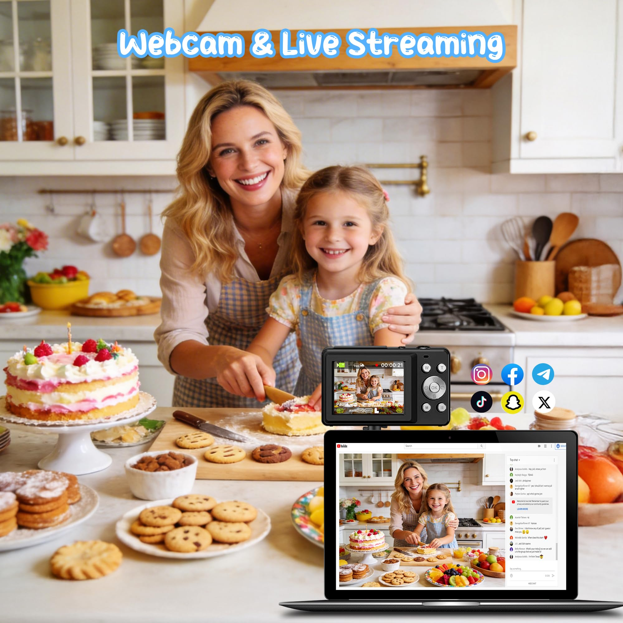 Eine Frau und ein Mädchen backen in einer Küche Kekse, mit Kamera und Laptop für den Live-Stream.