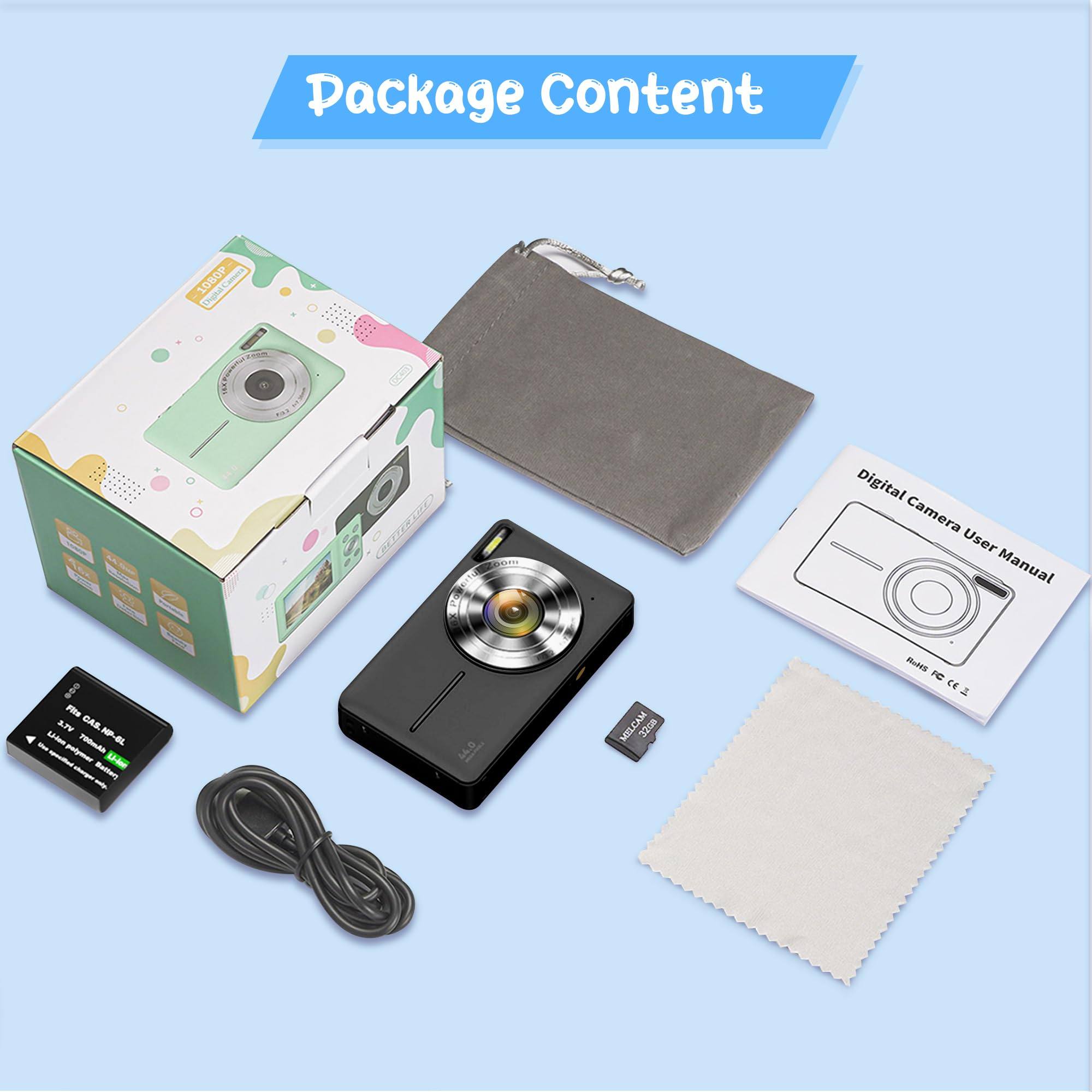 Lieferumfang einer schwarzen Digitalkamera mit Box, Tasche, Akku, Kabel, SD-Karte, Tuch und Handbuch.