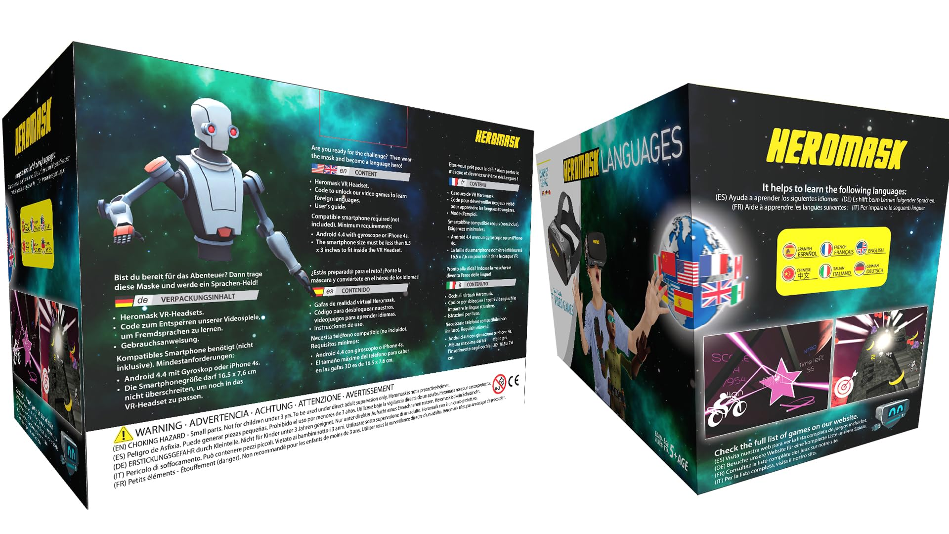 Confezione visore VR Heromask con robot e testi sulle lingue.