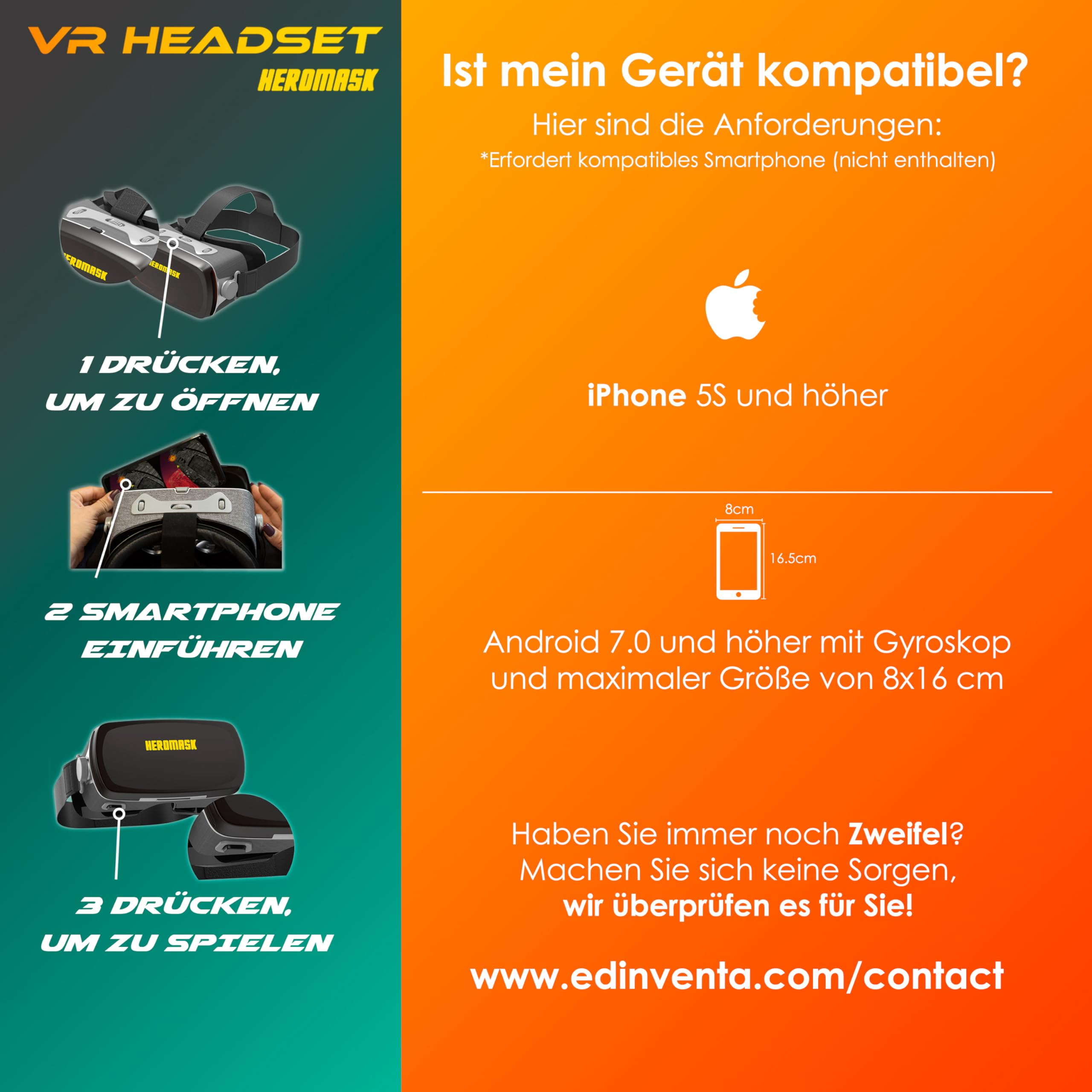Istruzioni di compatibilità per visore VR Heromask con iPhone e smartphone Android e limiti di misura.