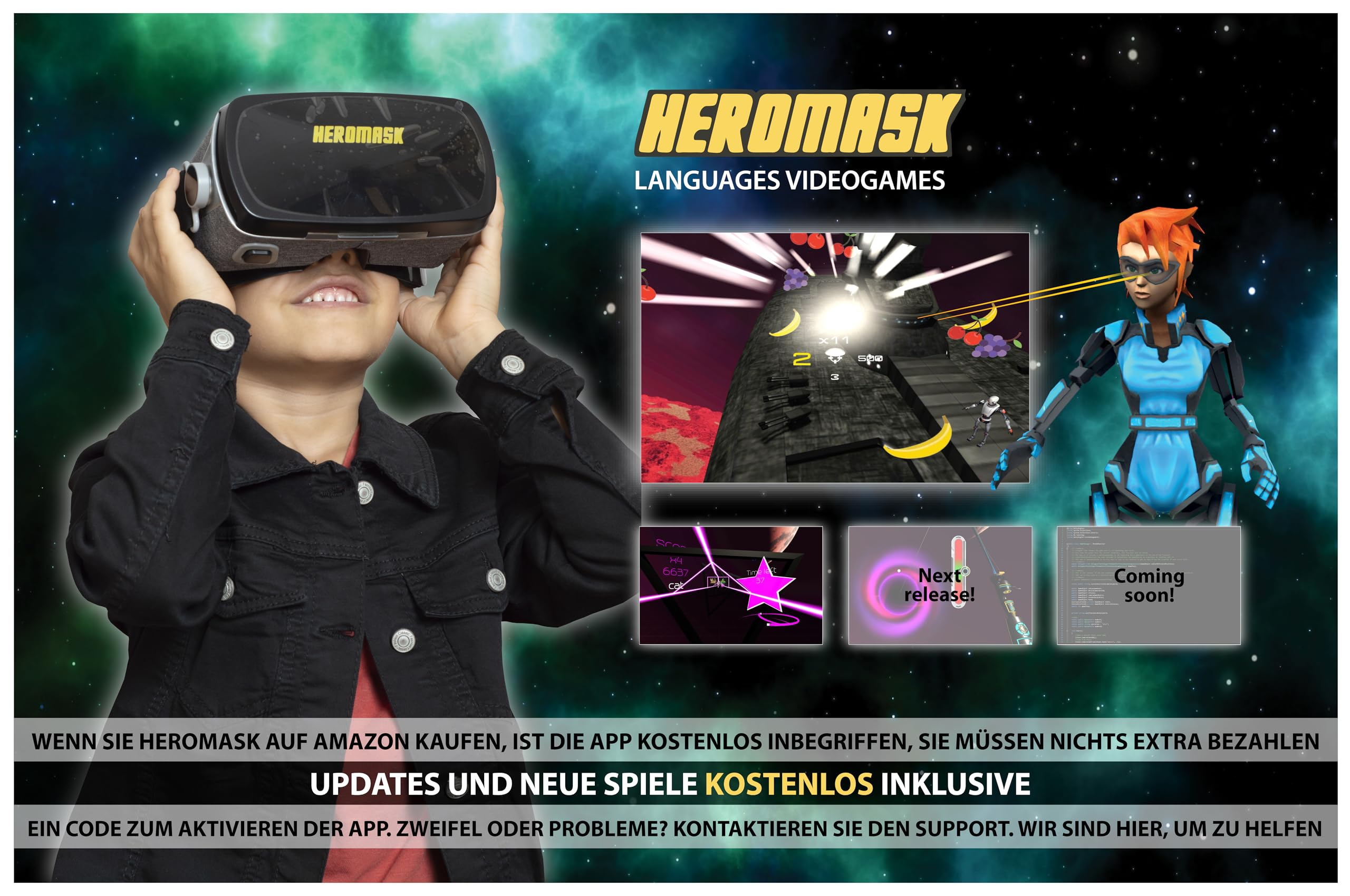 Un bambino con occhiali VR su sfondo spaziale, con scene di gioco e testo promozionale.