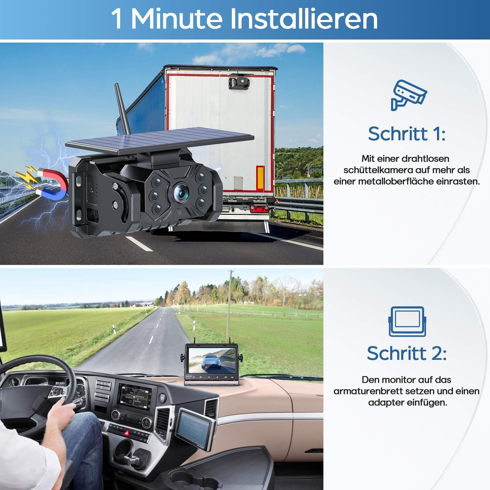 Anleitung zur schnellen Installation einer Solar-Rückfahrkamera an einem Lkw in zwei Schritten.