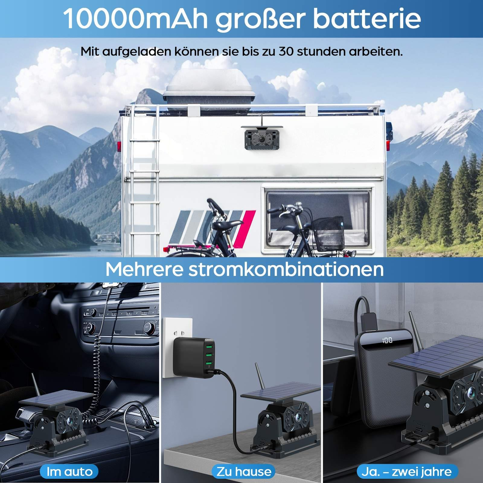 Solar-Wasserkamera mit 10000mAh Akku und vielseitigen Ladeoptionen für Auto, Wand und Powerbank.