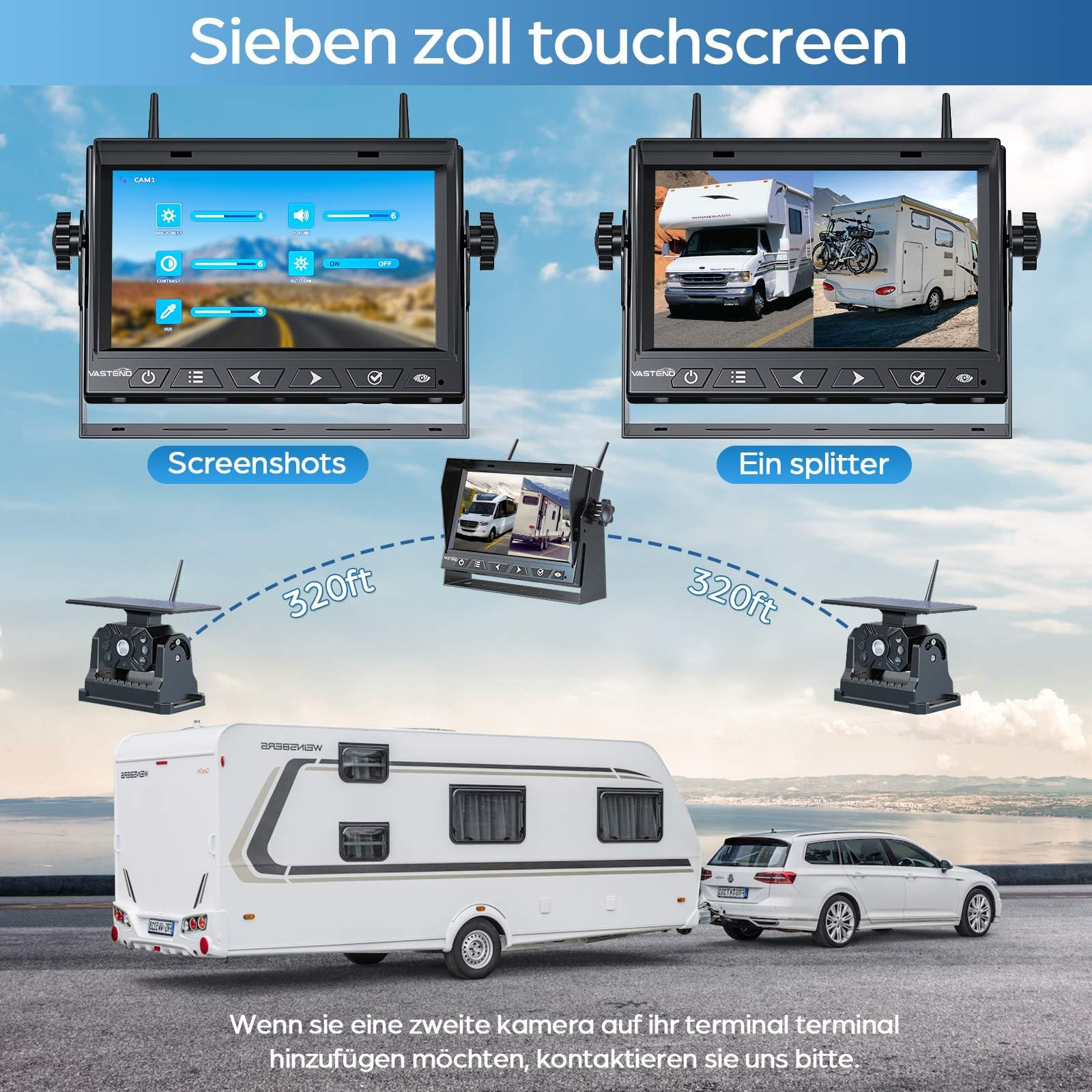 Diagramm zeigt kabellose Wohnmobil-Kameras, die ein 7-Zoll-Touchscreen-Display verbinden.