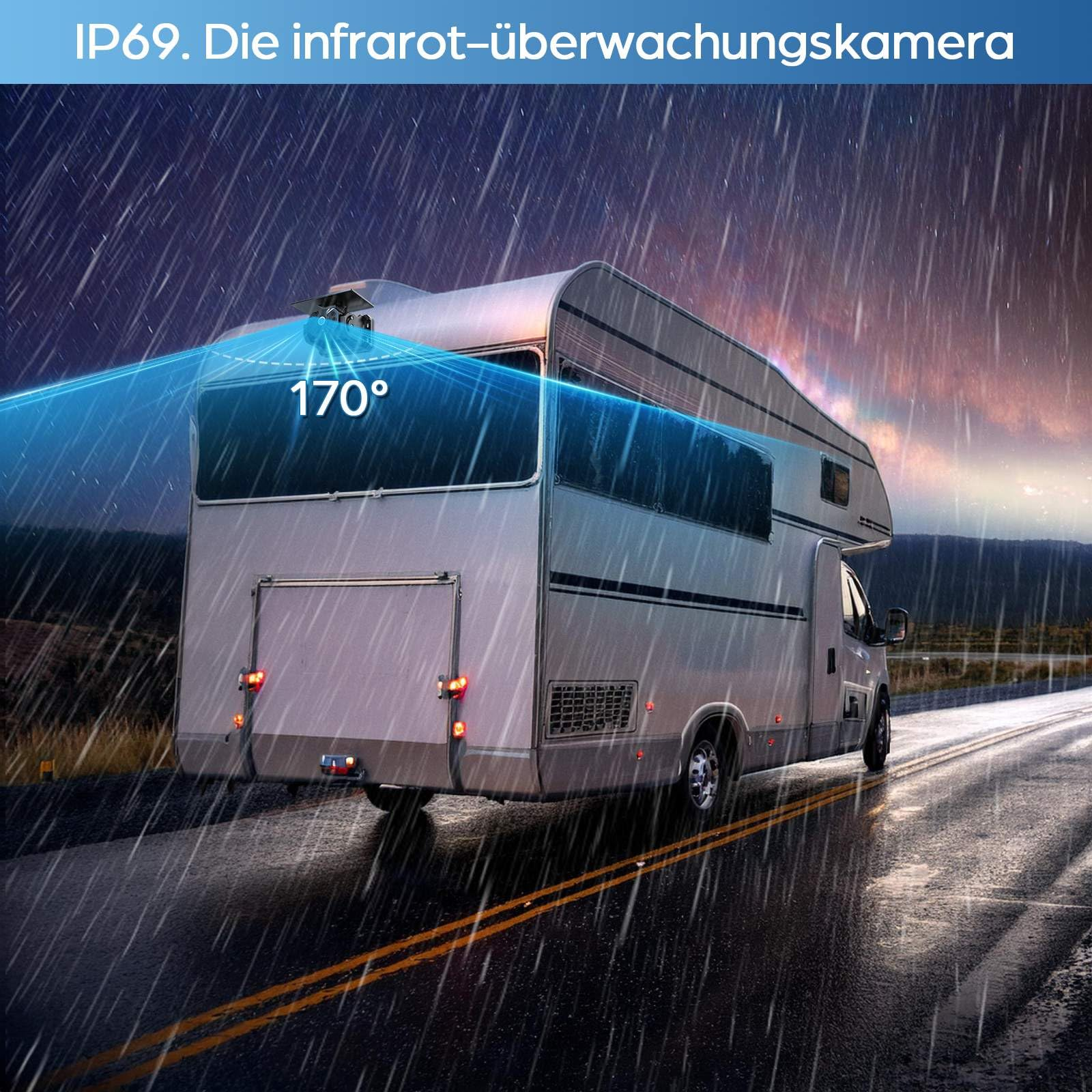 Wohnmobil auf regnerischer Straße mit einer Infrarot-Überwachungskamera, die ein 170-Grad-S Sichtfeld zeigt.