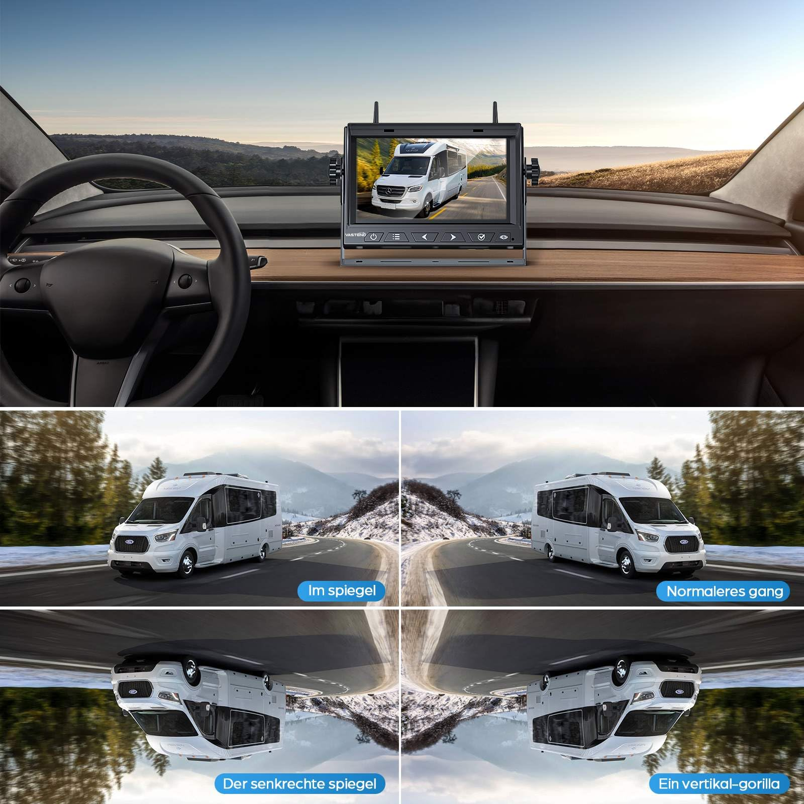 Armaturenbrett eines Autos mit einem Monitor, der verschiedene Kamerabilder eines Wohnmobils zeigt.