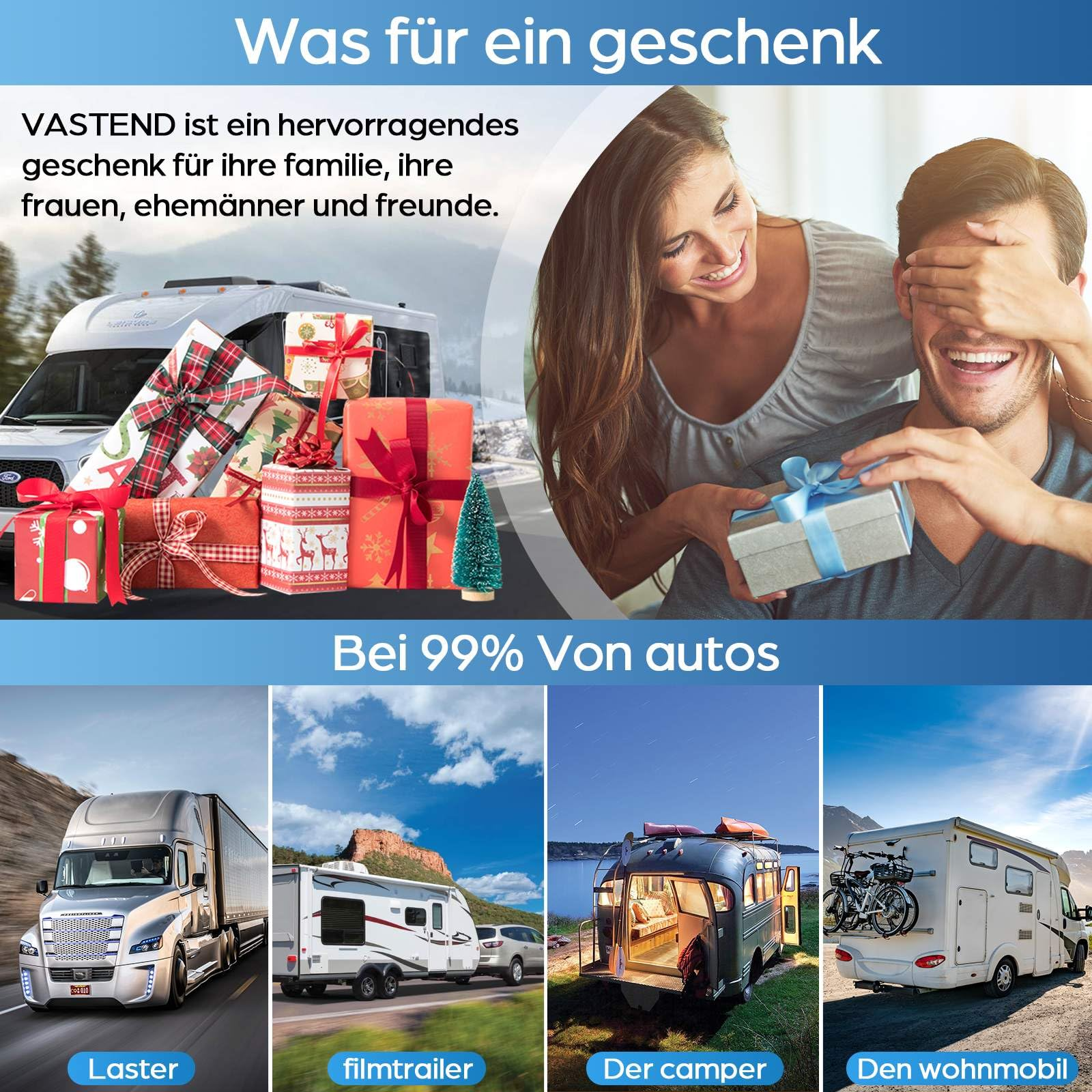 Eine Frau verdeckt einem Mann die Augen vor Geschenken, mit Beispielen für kompatible Fahrzeuge darunter.