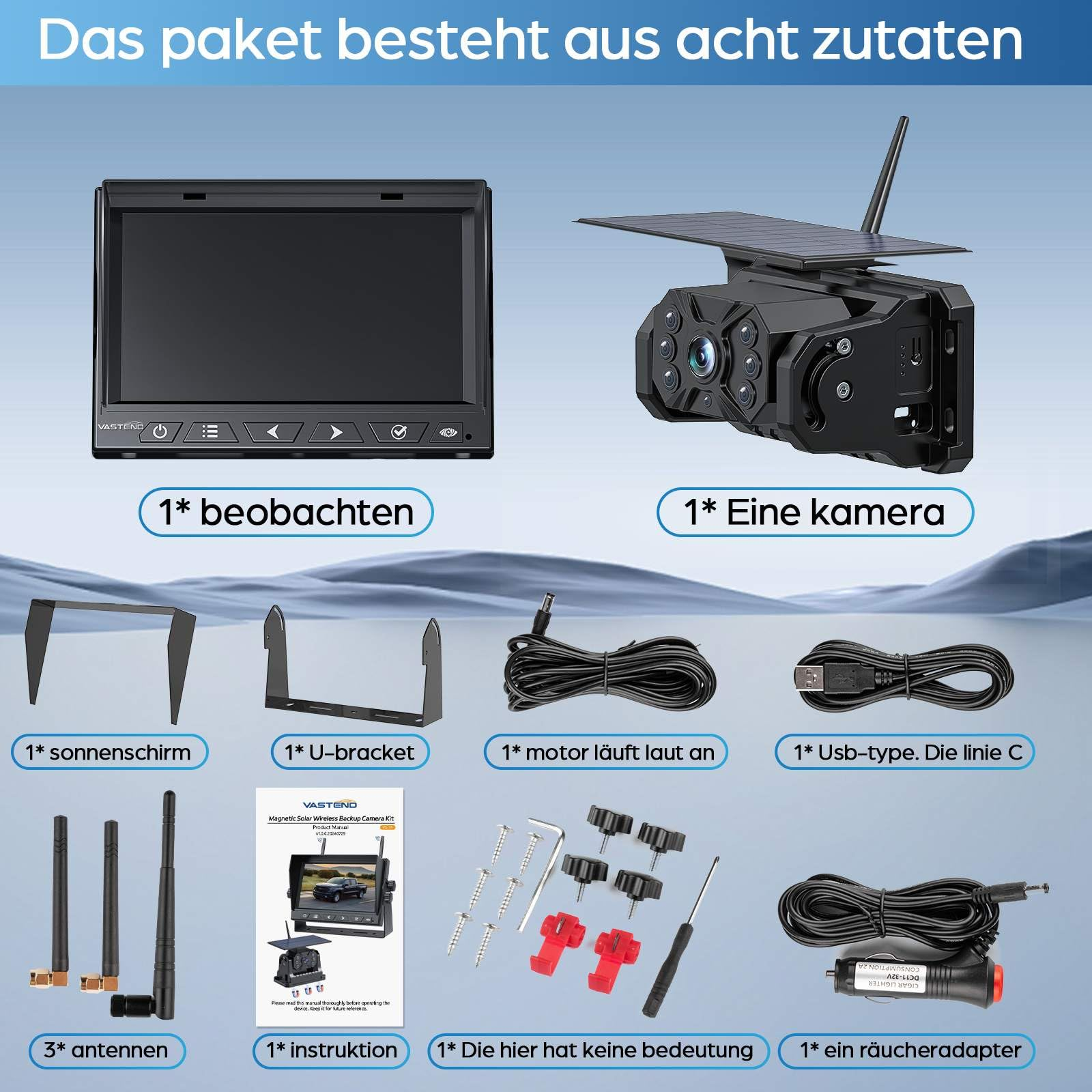 Paketinhalt mit Monitor, Kamera, Halterungen, Kabeln, Antennen, Anleitung und Zubehör.