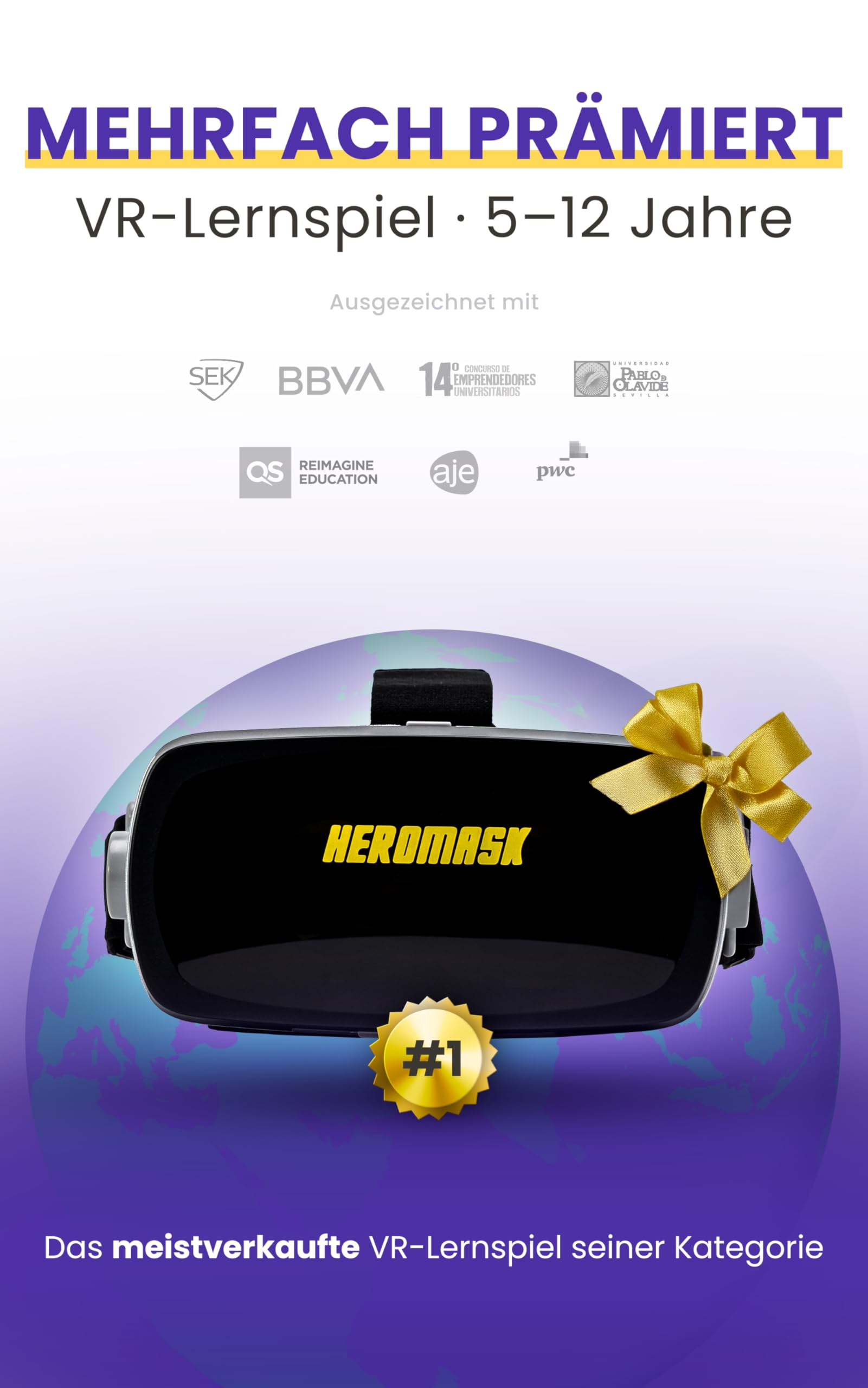 Immagine promozionale per visore VR Heromask con nastro dorato, sigilli di premio e sfondo viola.