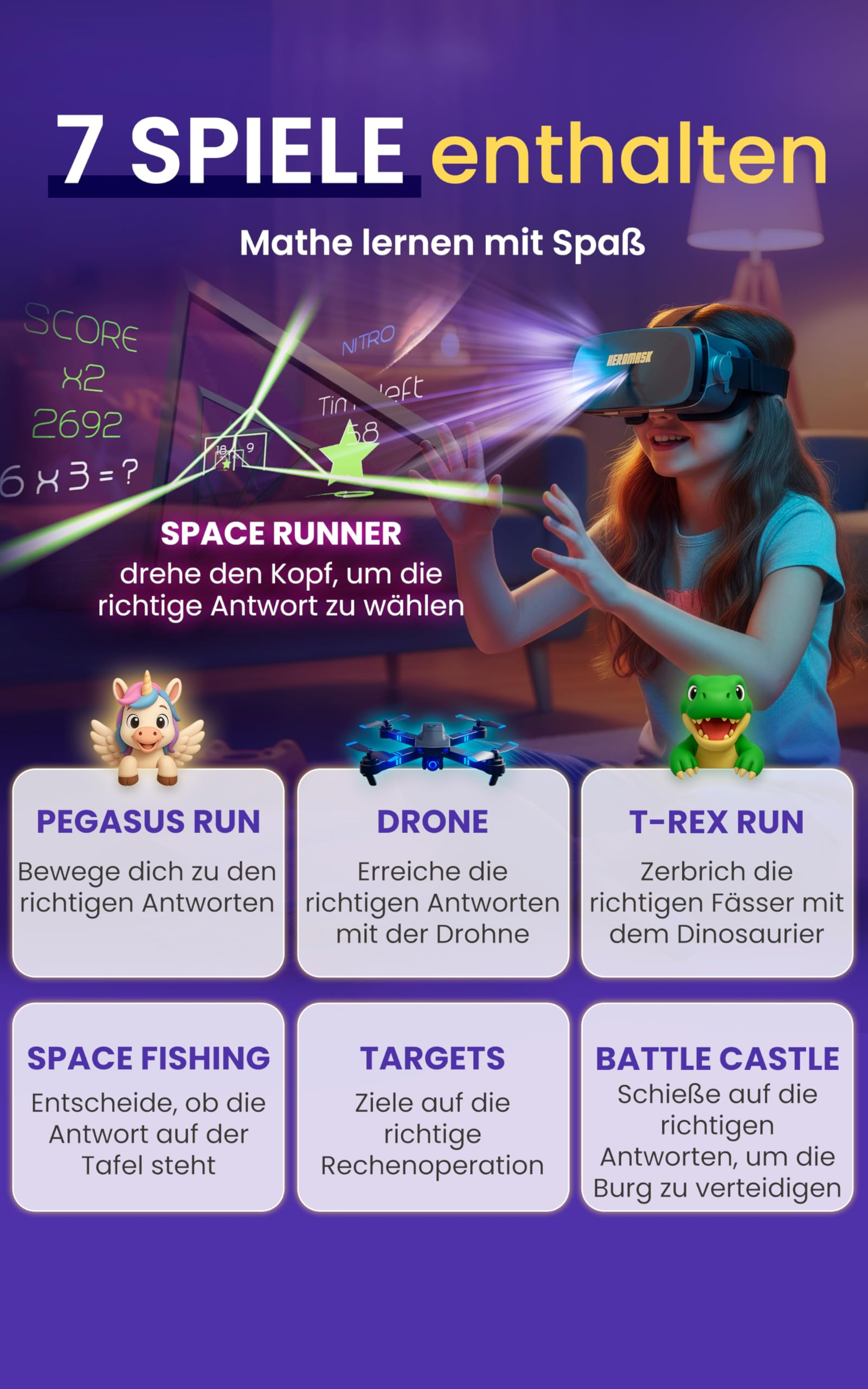 Un bambino con visore VR gioca a giochi educativi come Pegasus Run, Drone e T-Rex Run su uno sfondo viola.