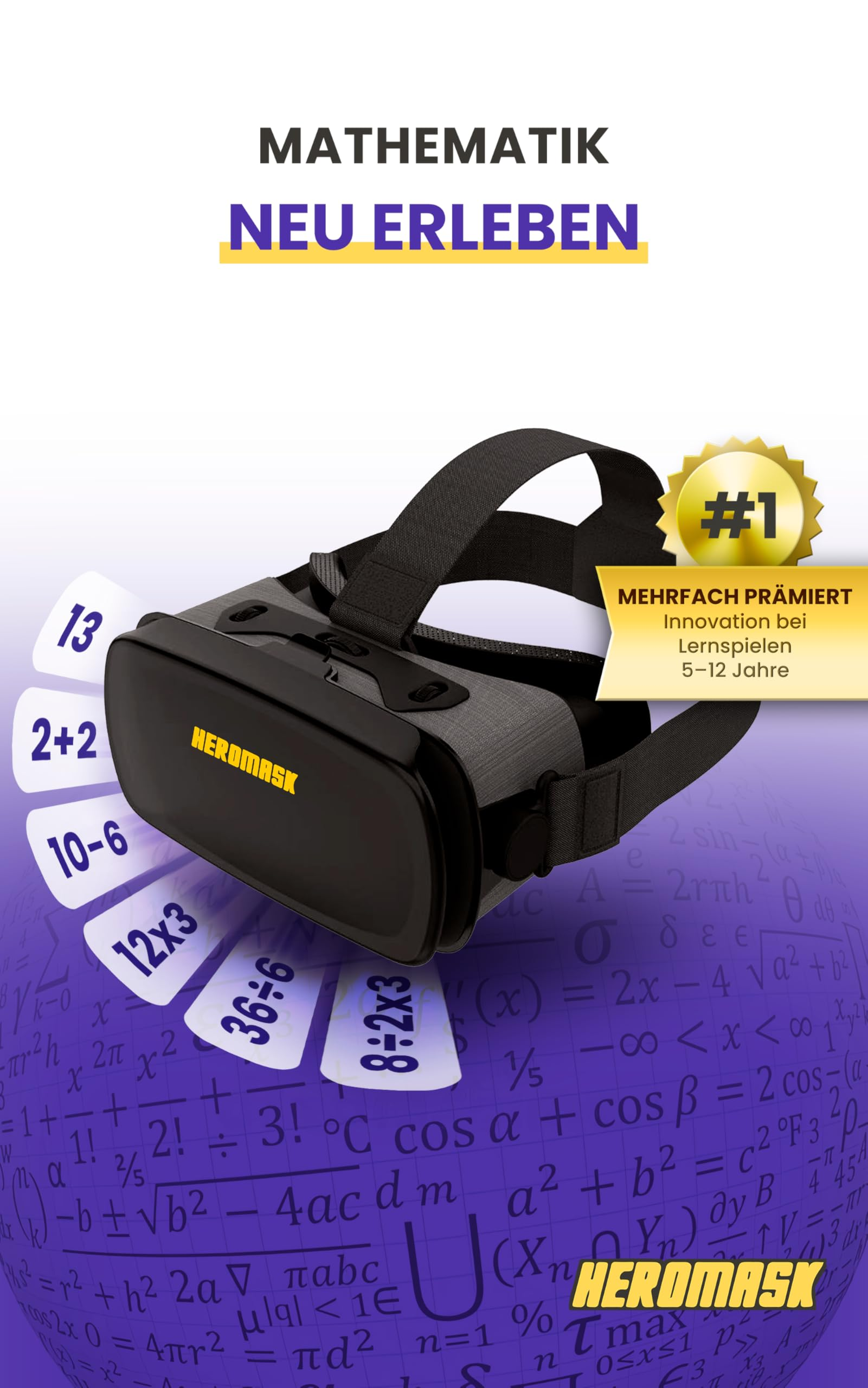 Un visore VR nero su un globo matematico viola con problemi di matematica.