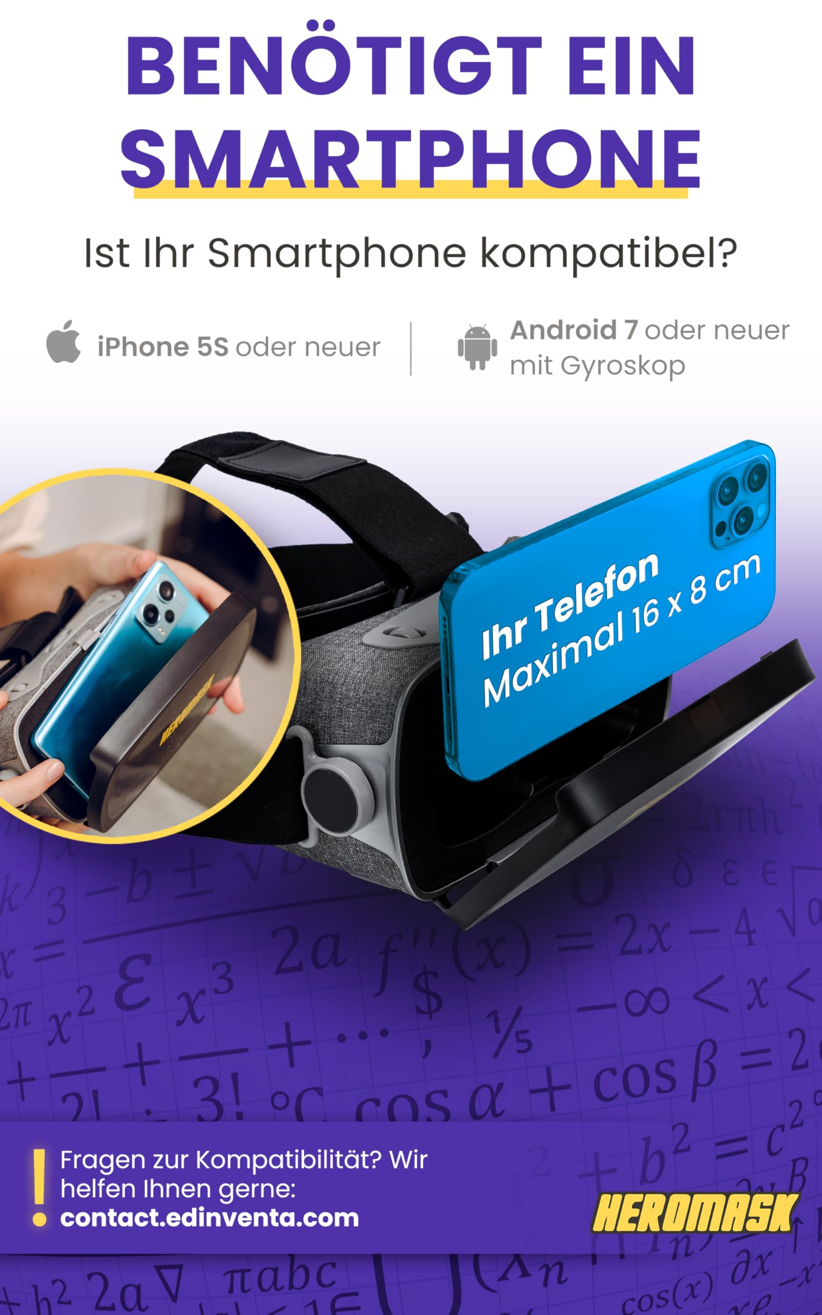 Visore VR con smartphone, compatibile con iPhone 5S e Android 7 o versioni successive.