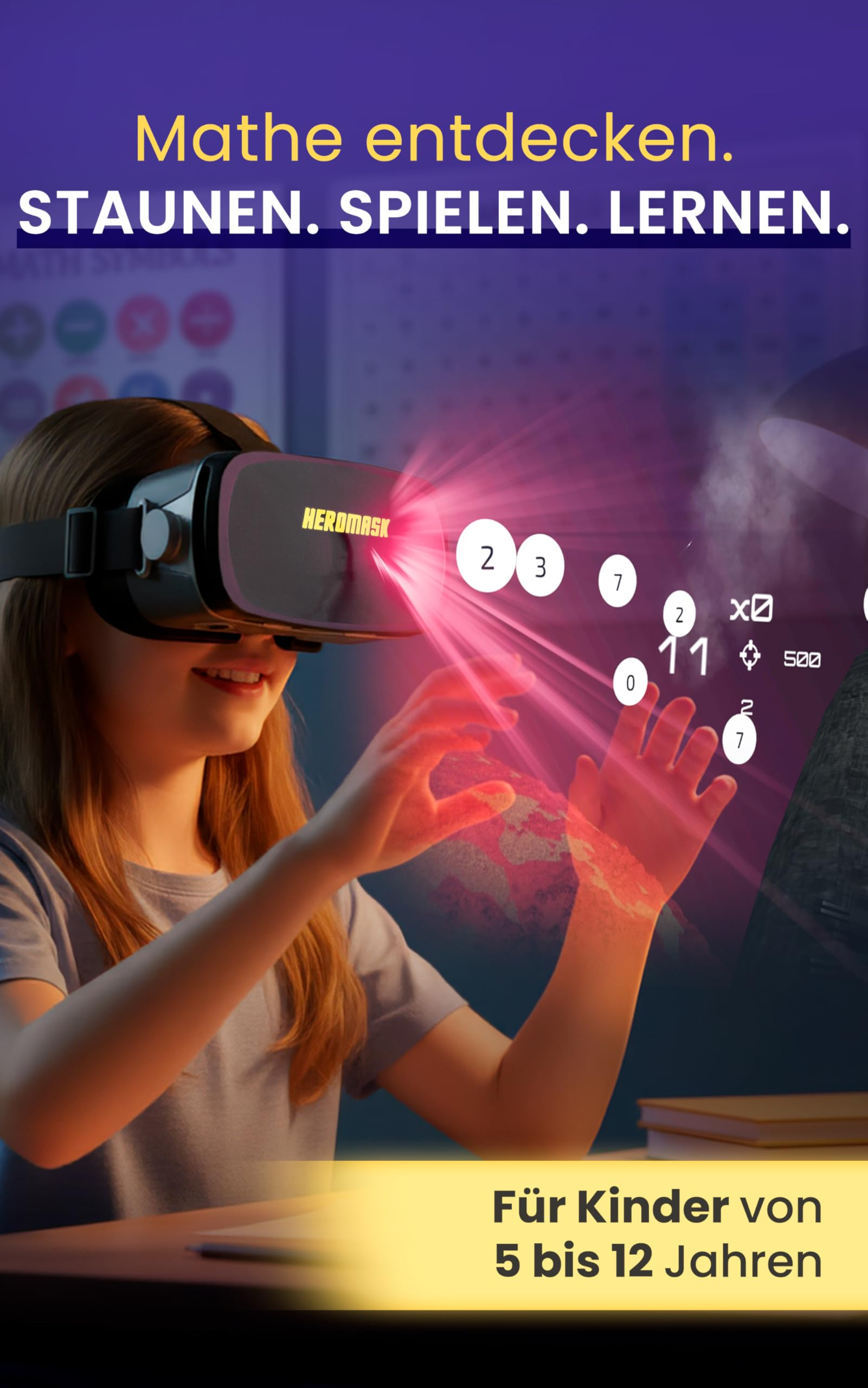 Un bambino con visore VR interagisce con simboli matematici laser rossi in aria.