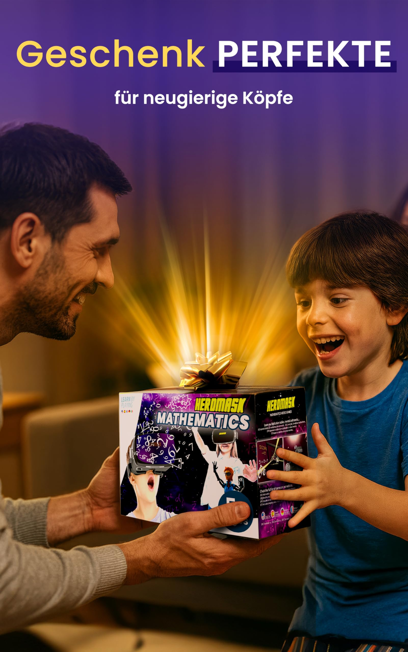 Un bambino felice apre un regalo luminoso con un gioco di matematica e visore VR, donato dal padre.