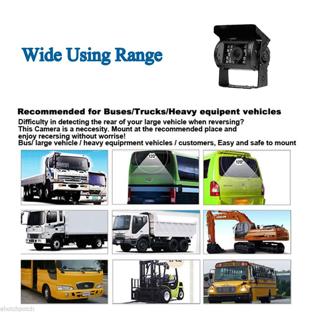 Rückfahrkamera für Lkw, Busse und Baumaschinen mit Anwendungsbeispielen.