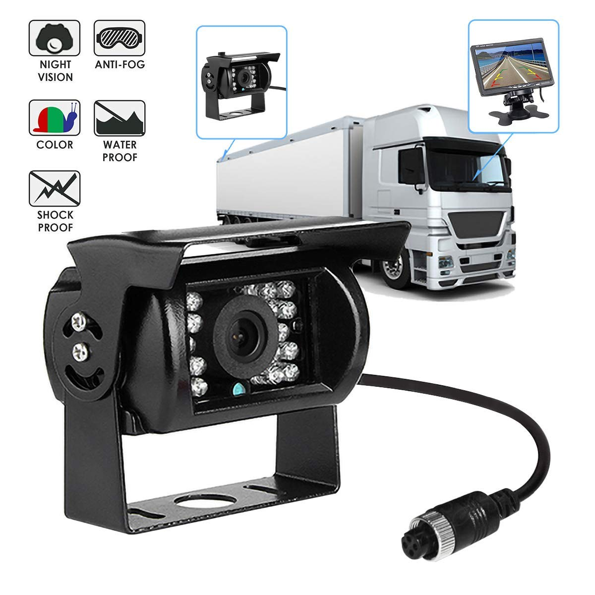 Rückfahrkamera für Lkw mit IR-LEDs, Monitor und Funktionssymbolen für Nachtsicht, Wasserdichtigkeit und Stoßfestigkeit.