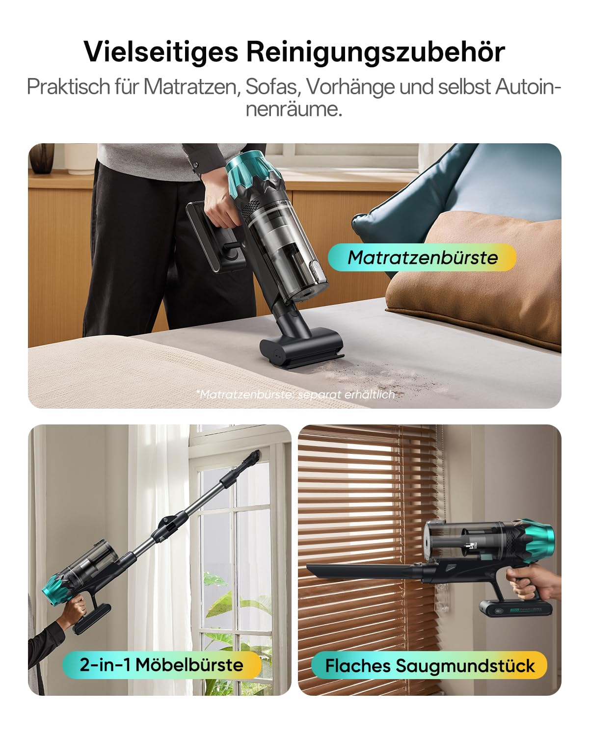 Un aspirapolvere cordless mostrato con vari accessori che pulisce un materasso, tende e persiane.