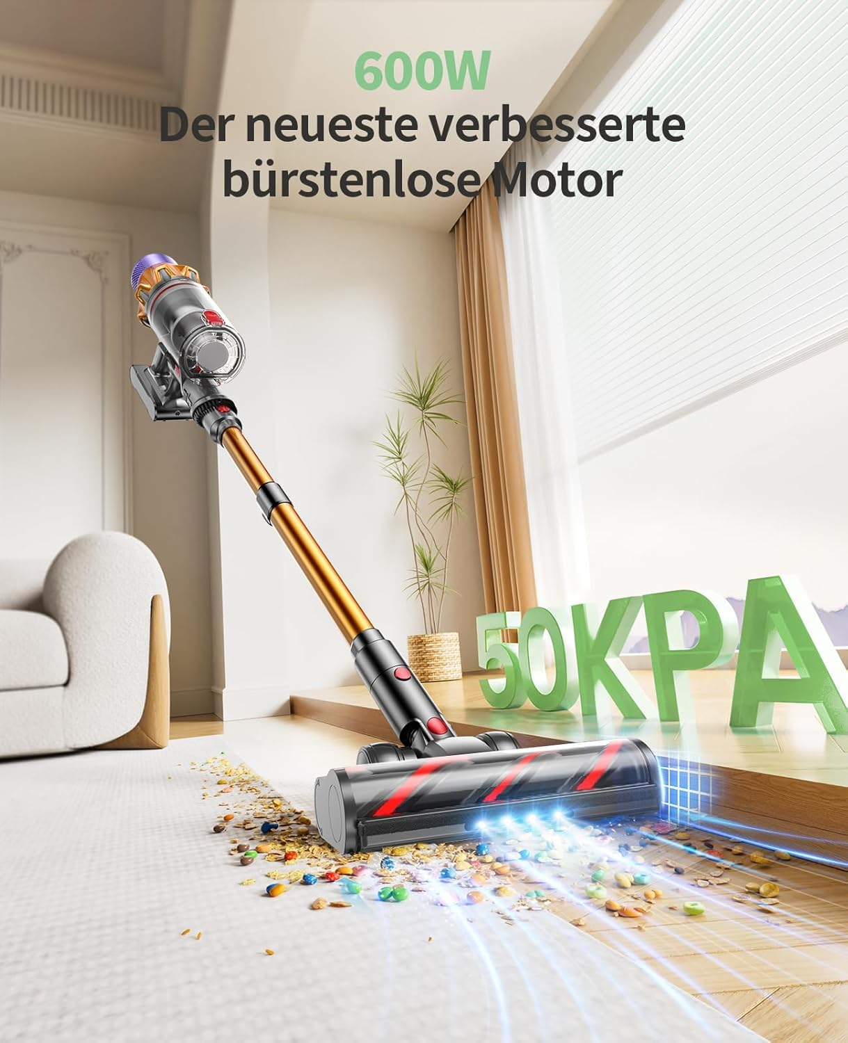 Un aspirapolvere senza fili pulisce un tappeto con testi 600W e 50KPA.
