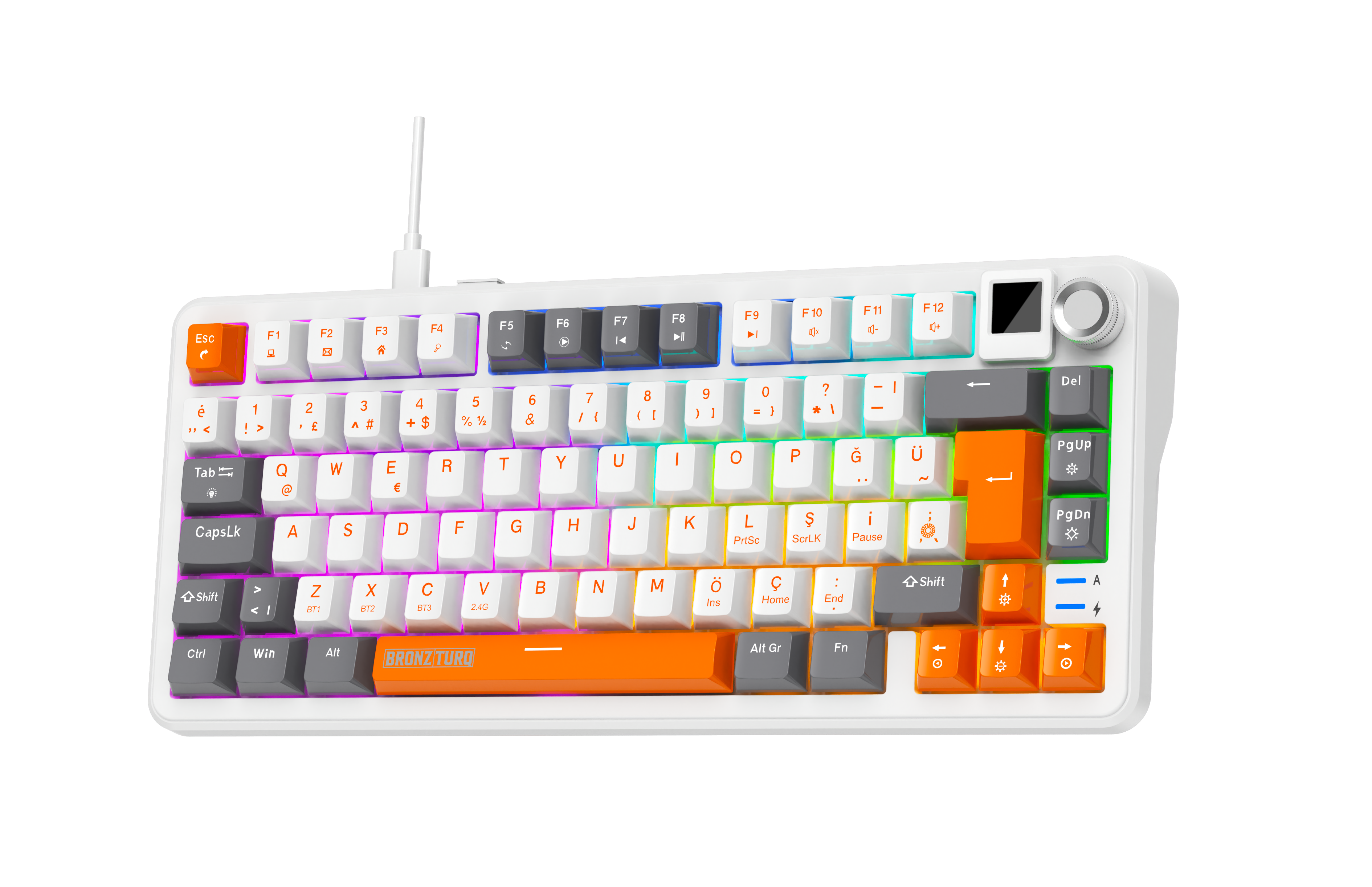 Siyah arka planda renkli tuşları, RGB aydınlatması ve kontrol düğmesi olan beyaz mekanik klavye.