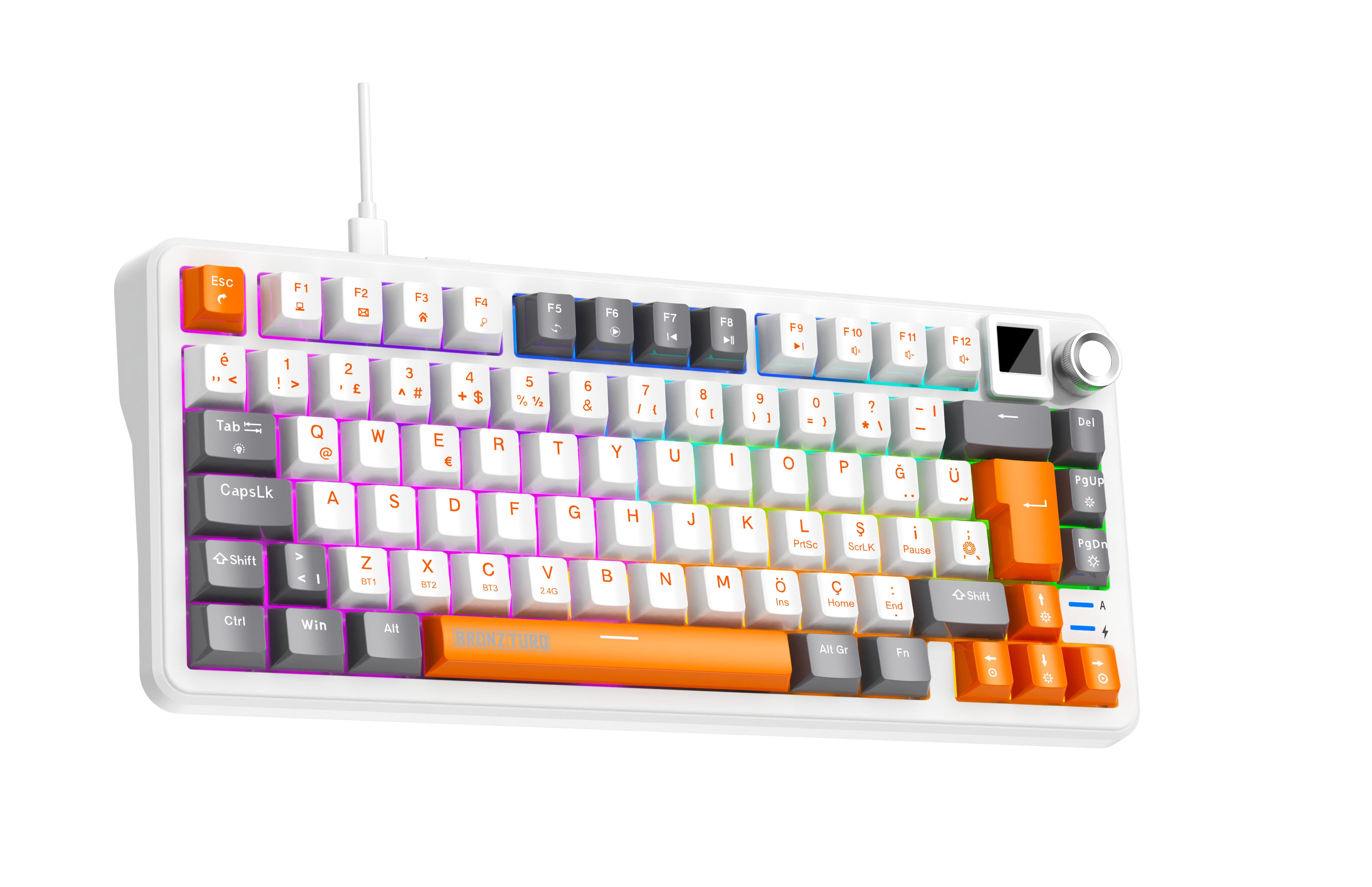 Siyah arka plan üzerinde renkli tuş kapakları, RGB aydınlatma ve üst düğmeye sahip beyaz mekanik klavye.