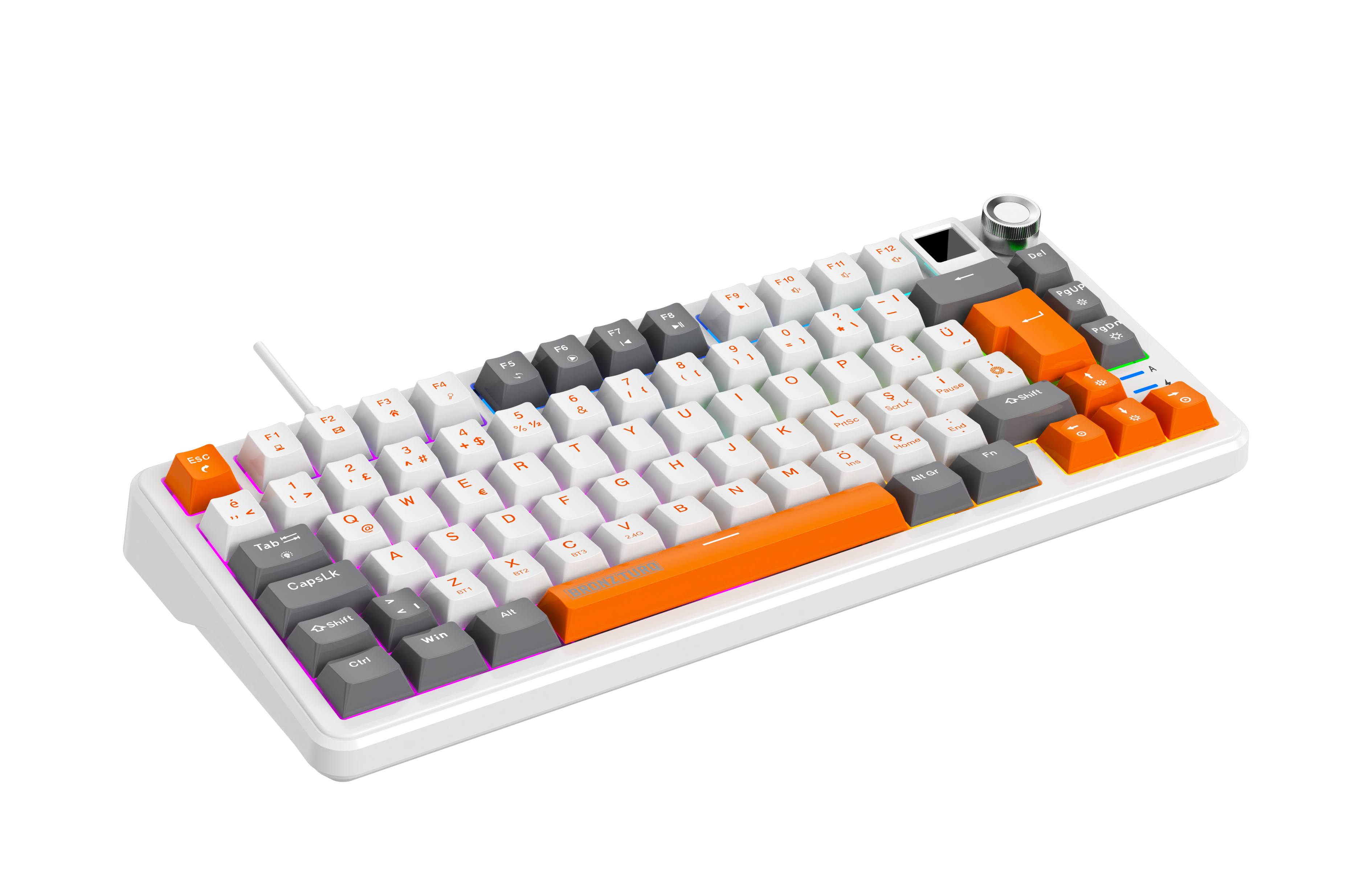 Turuncu ve gri tuş başlıklarına, RGB arkadan aydınlatmaya ve gümüş rengi bir düğmeye sahip beyaz kompakt mekanik klavye.
