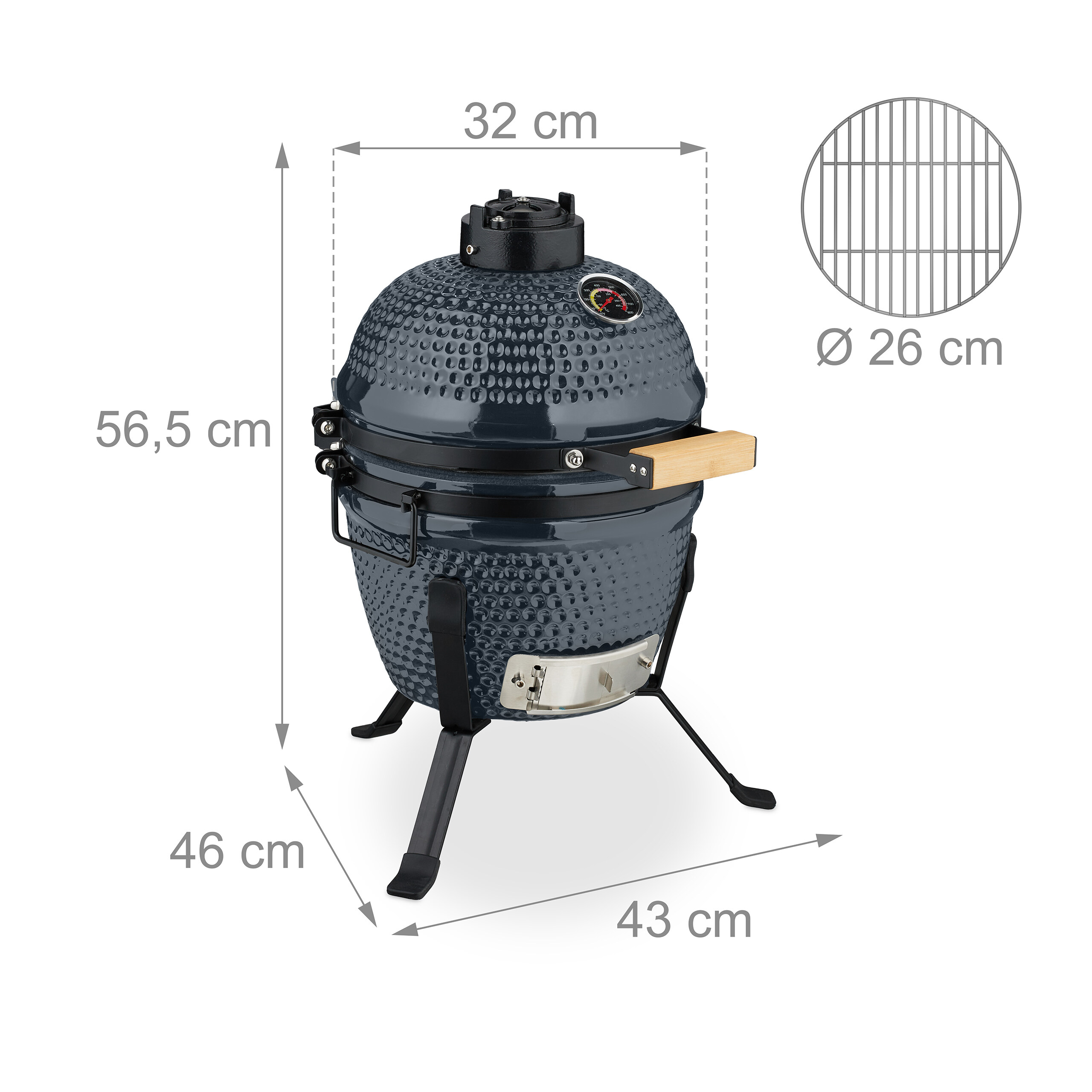 Grauer Keramik-Kamadogrill mit Maßen 32x43x56,5 cm, Gestell, Holzgriff und einer 26 cm Rost-Abbildung.