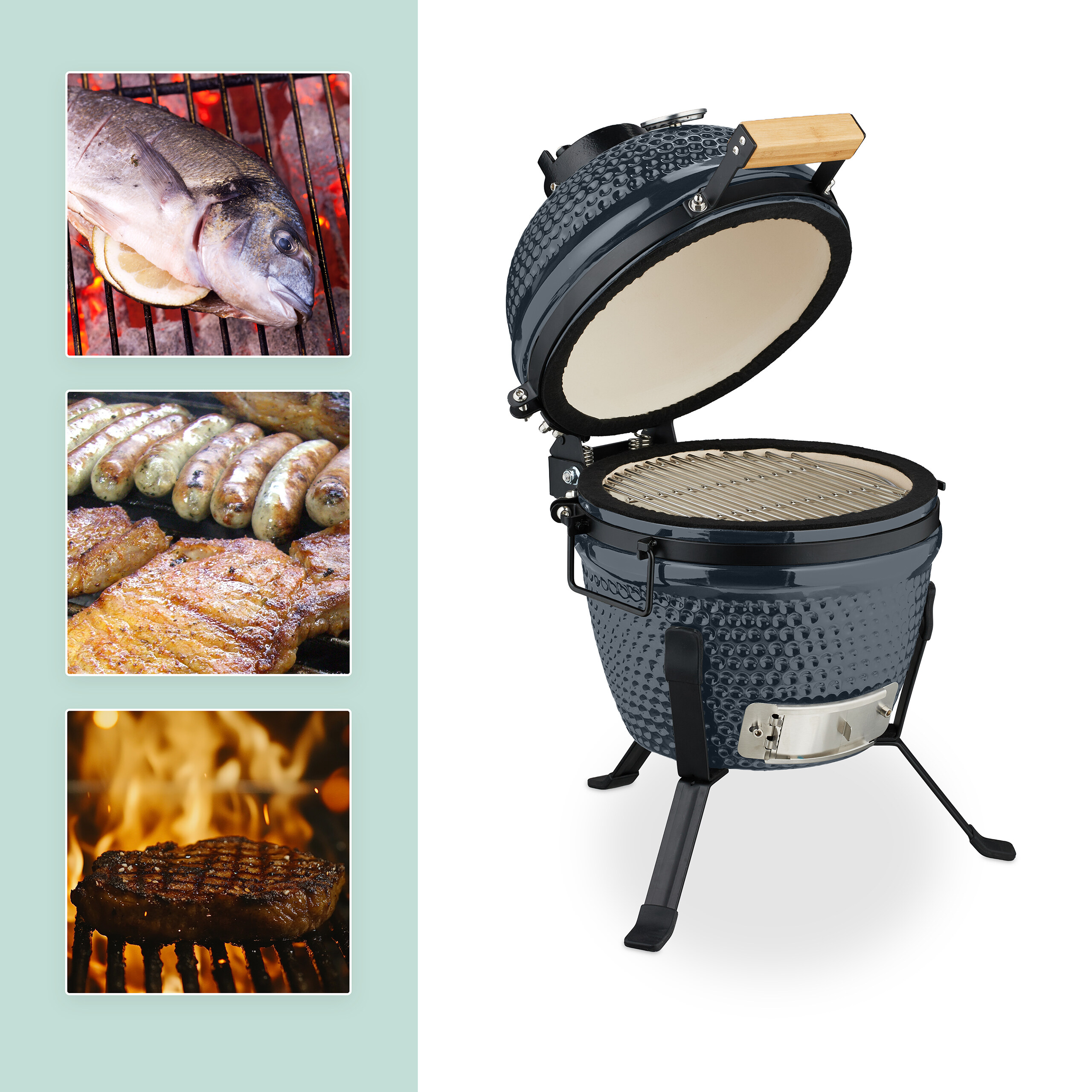 Ein blauer Keramik-Kamado-Grill mit geöffnetem Deckel, daneben drei kleiner Bilder mit gegrilltem Fisch, Fleisch und Steak.