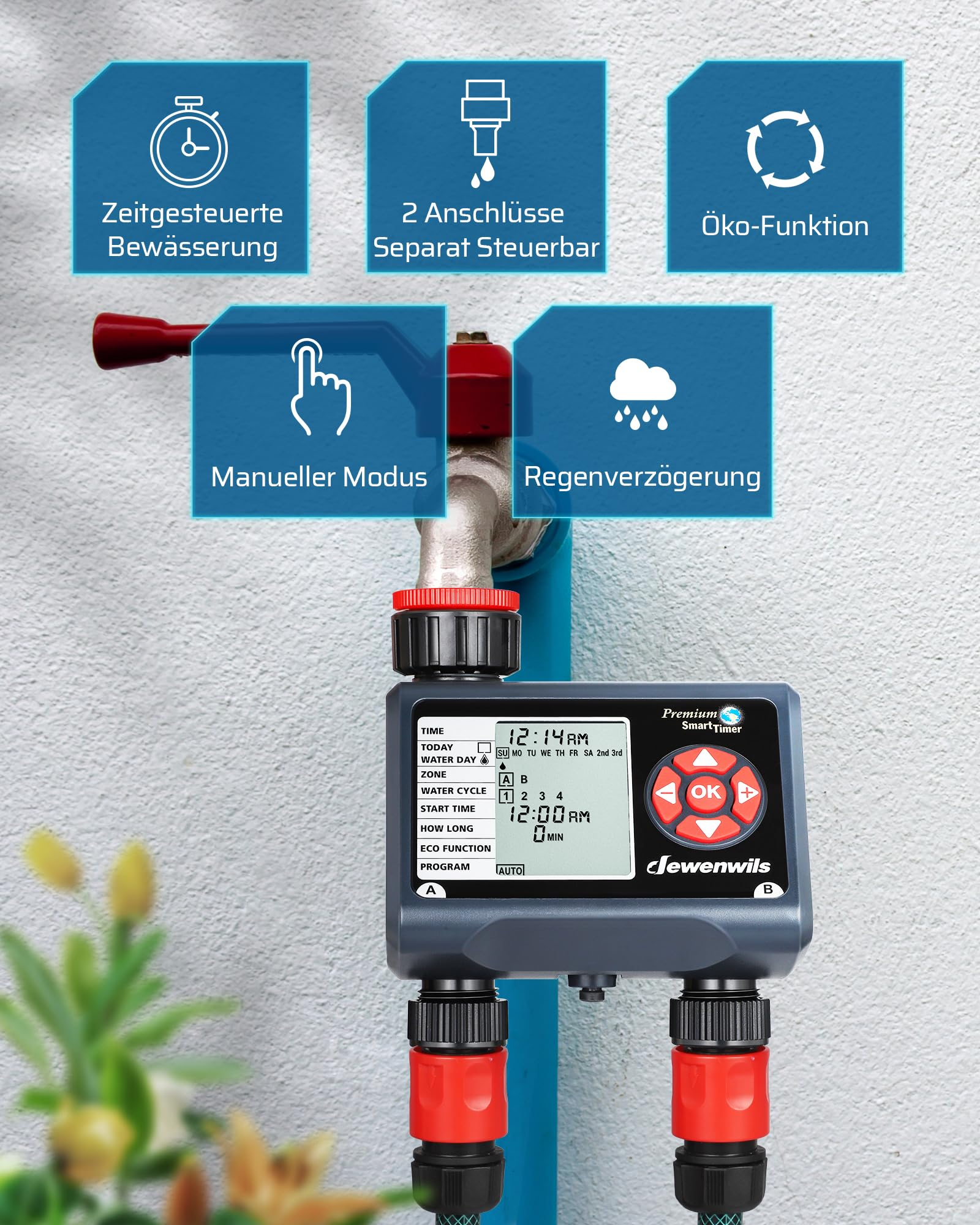 DeWenWils automatischer Bewässerungstimer an einem Wasserhahn mit fünf Feature-Icons.