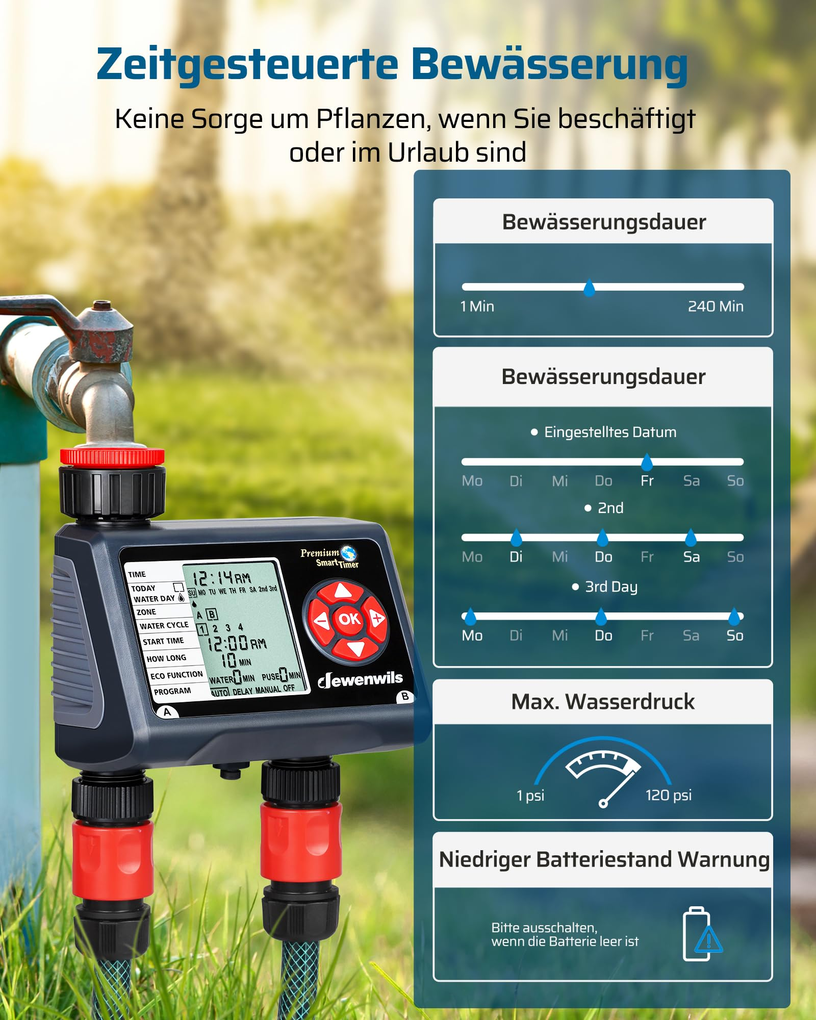 Digitale Bewässerusuhr am Wasserhahn mit grafischen Einstellungen für Dauer, Tage und Druck.