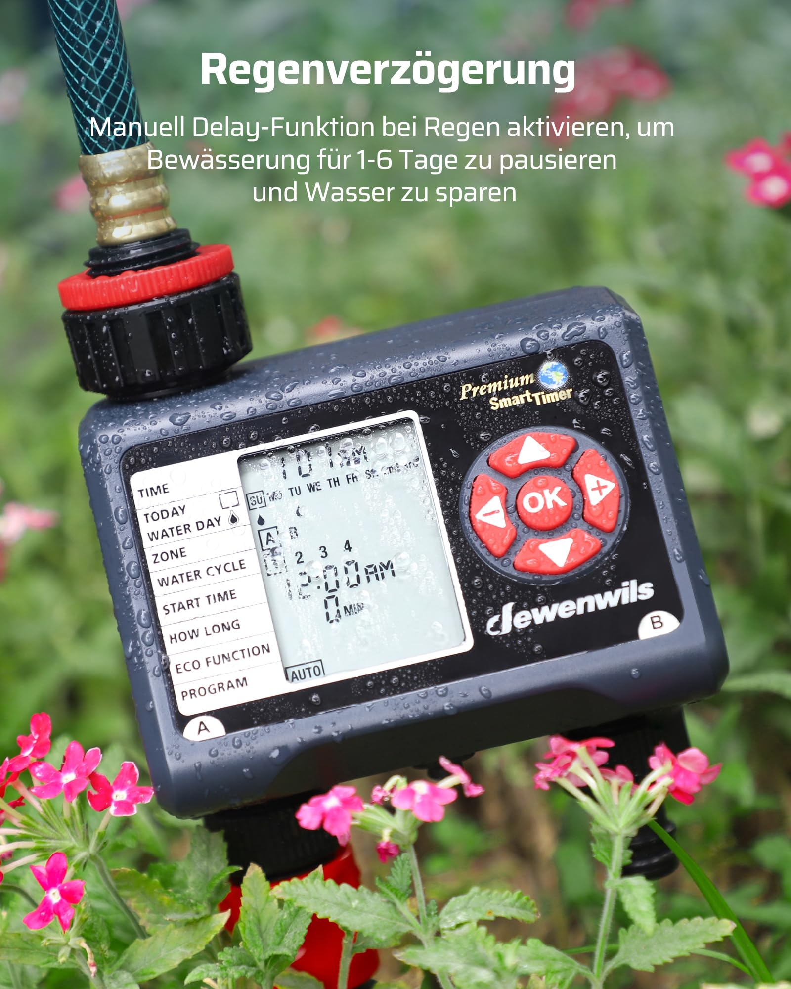 Dealsun Smart Timer im Garten mit angeschlossenem Gartenschlauch und digitalem Display.