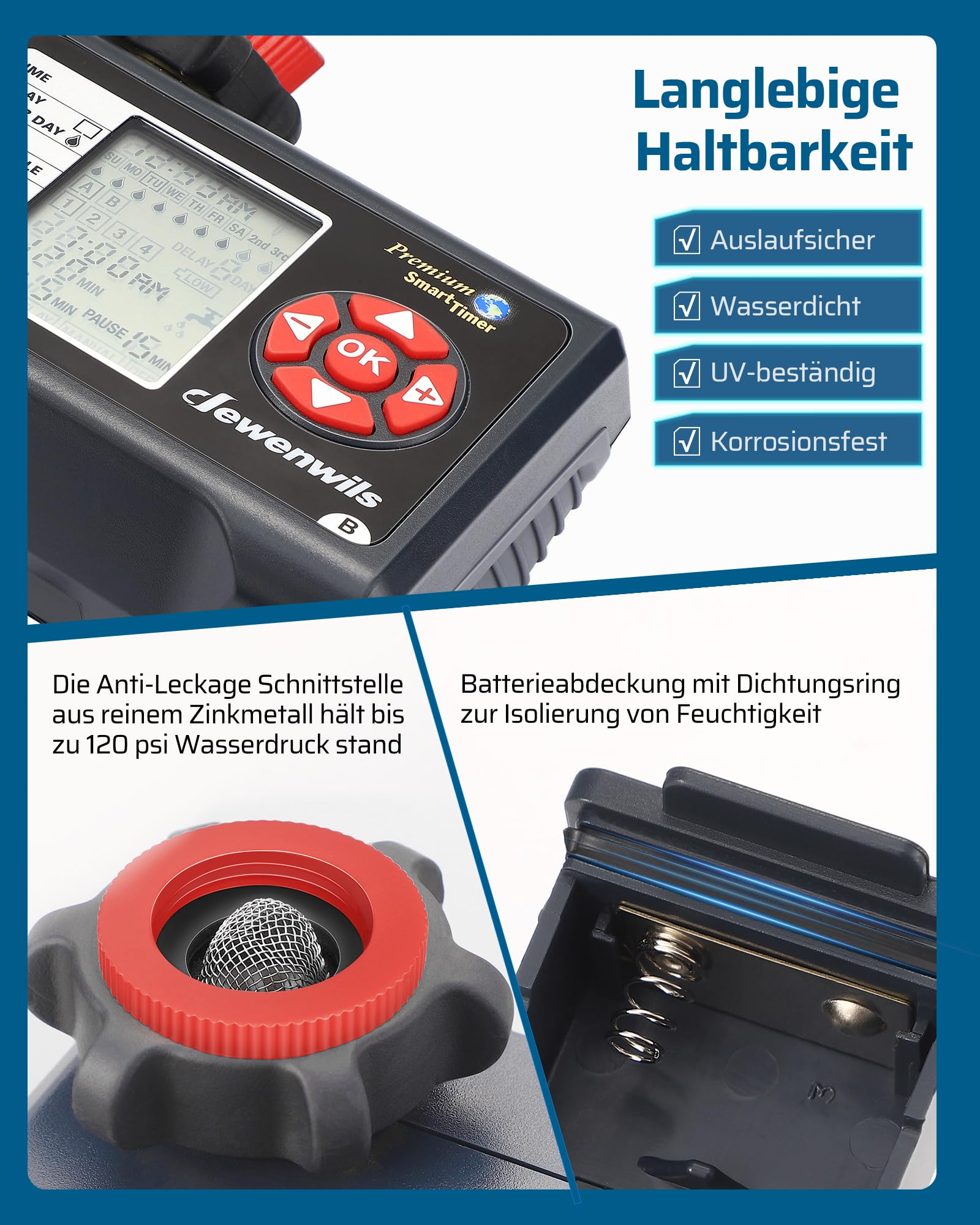 Nahaufnahme eines Dewenwils Smart-Wassermessgeräts mit digitalem Display, Tasten, Metallanschluss und Batteriefach.