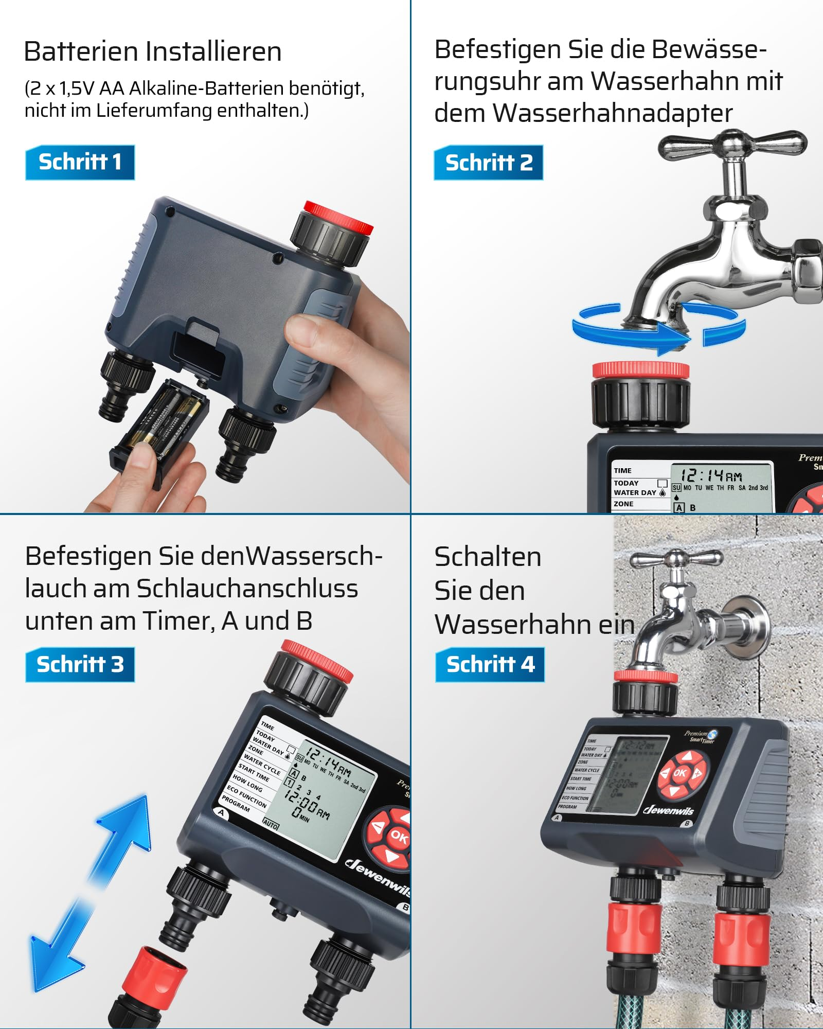 Vier Schritte zur Installation und Einrichtung einer digitalen Bewässerungsuhr mit Batterien und Wasserhahn.