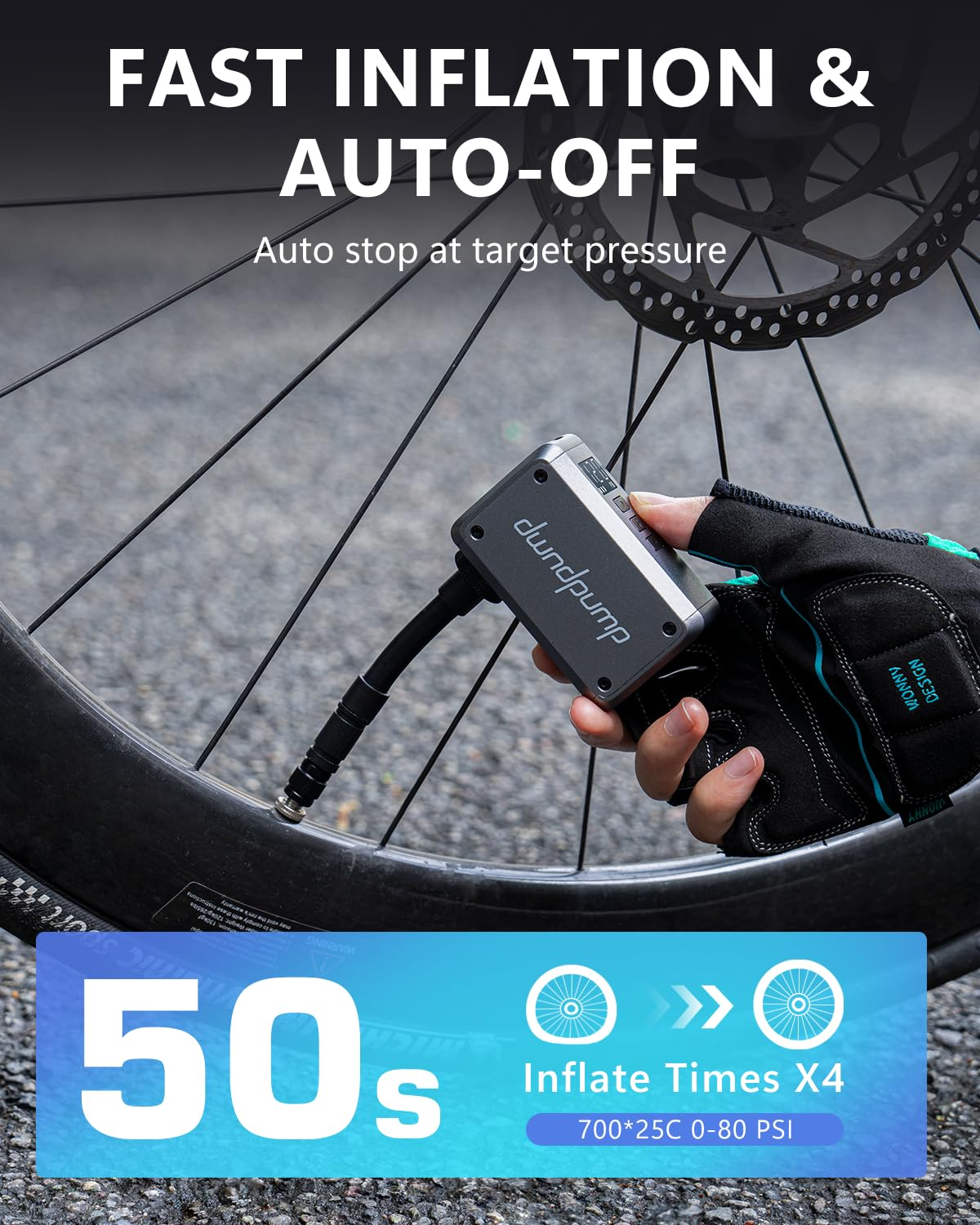 Hand hält eine kompakte, graue Luftpumpe an einem Fahrradreifen, mit Text über schneller Inflation.