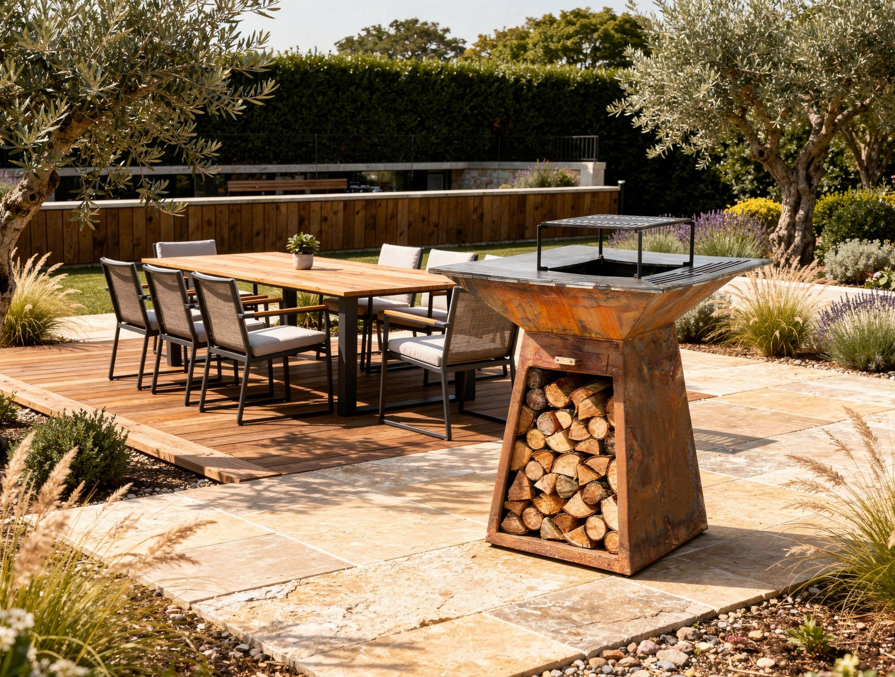 Parrilla oxidada con leña en un patio de piedra, con mesa de madera, sillas y jardín al fondo.