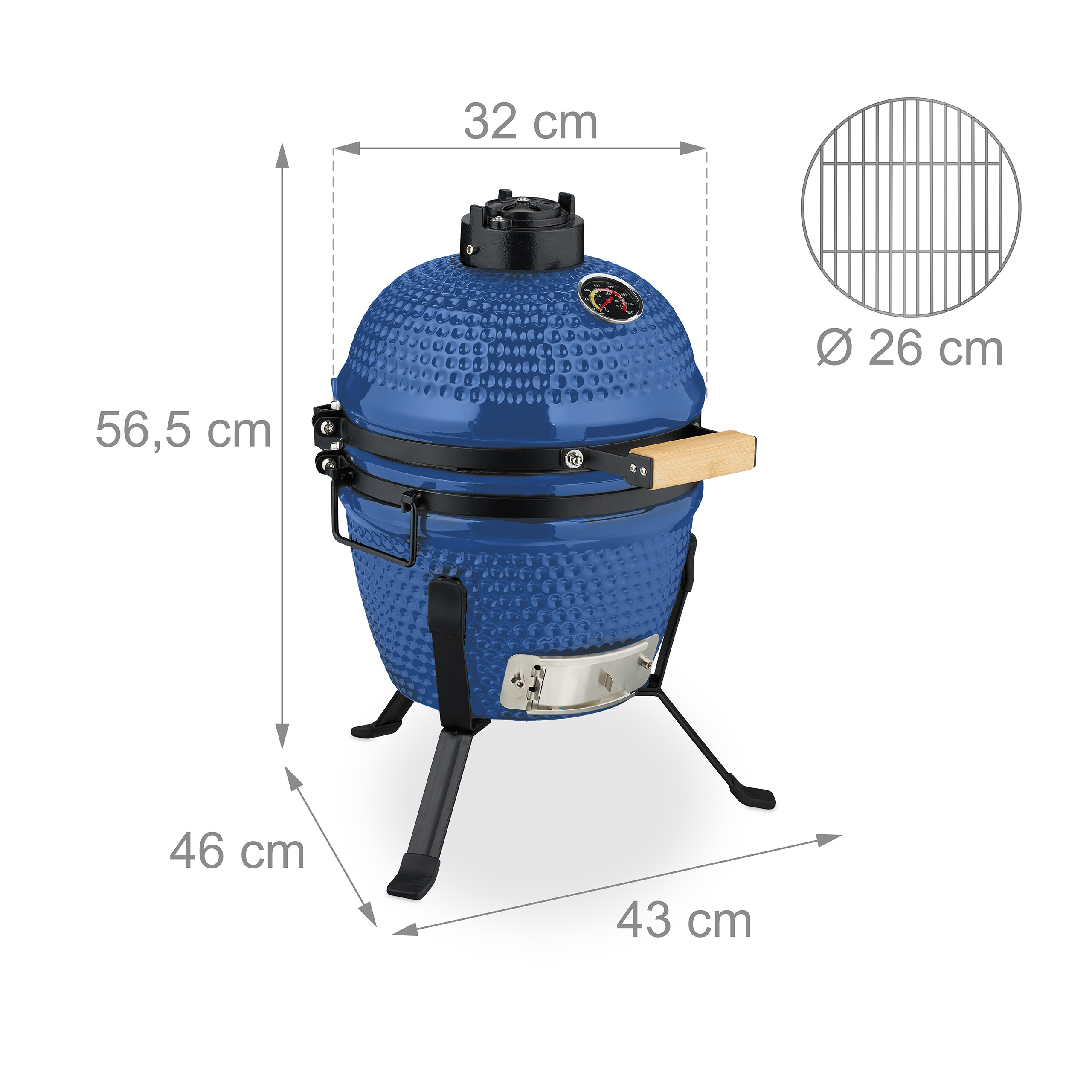 Blauer Keramik-Kamado-Grill mit Metallständern und Maßangaben in Zentimetern.