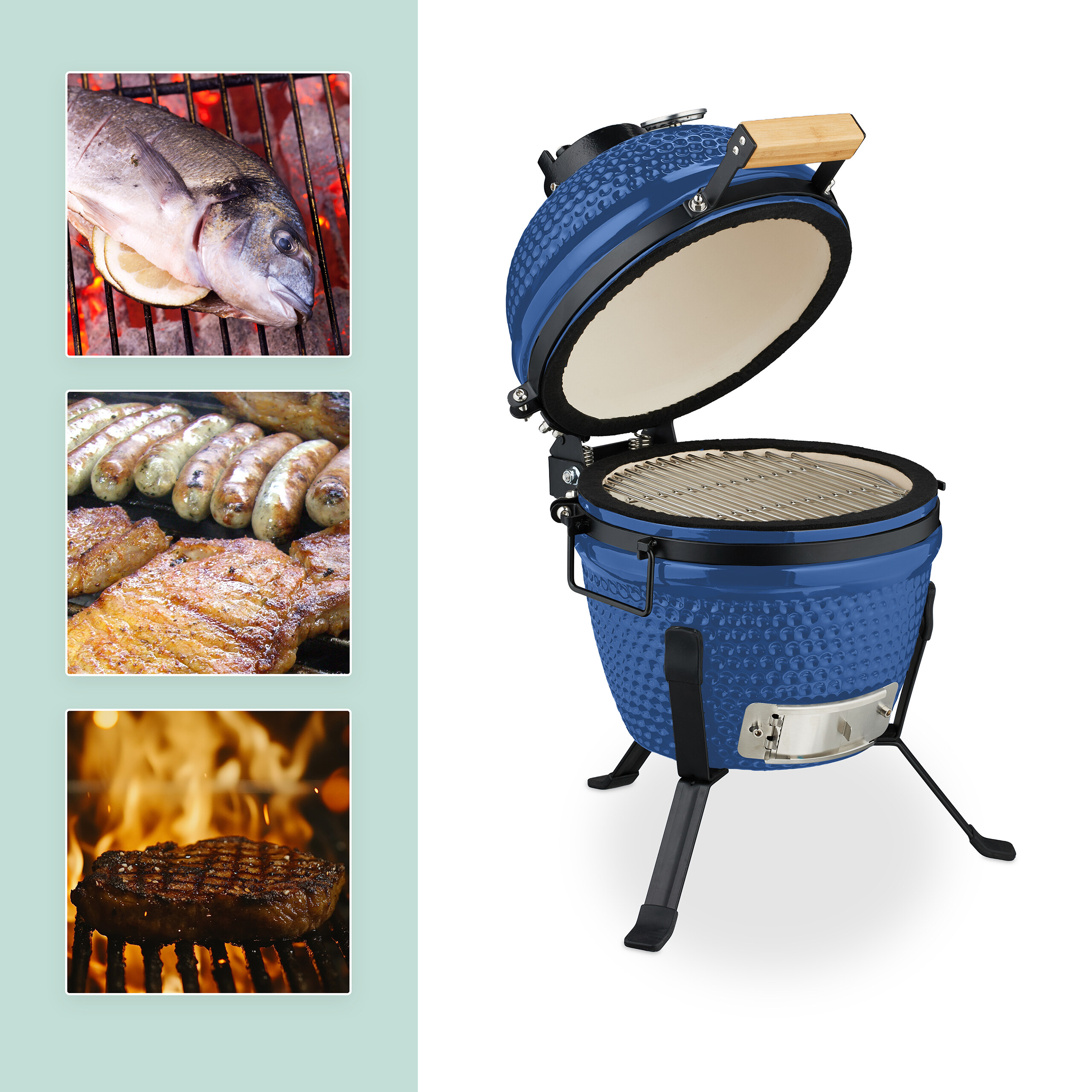 Ein blauer Keramikgrill mit geöffnetem Deckel, links kleine Bilder von gegrilltem Fisch, Würstchen, Fleisch und Steak.
