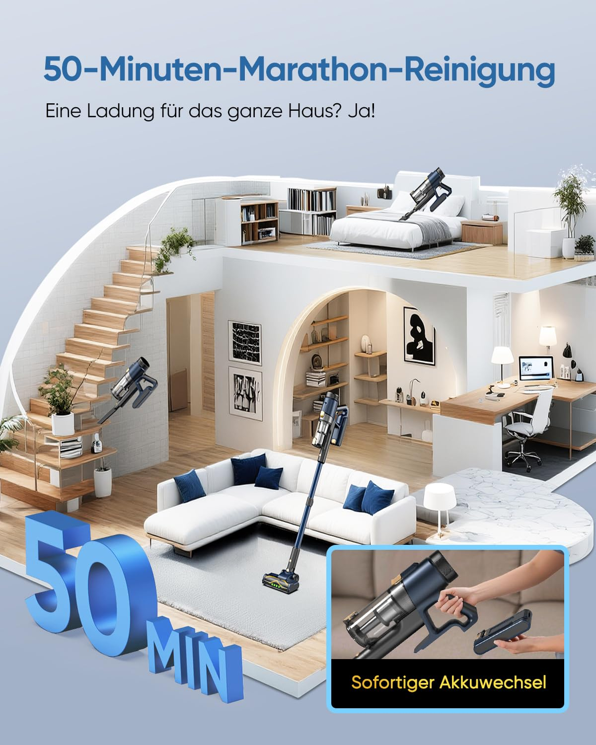 Sezione trasversale di una casa con aspirapolvere senza fili e testo di 50 minuti.
