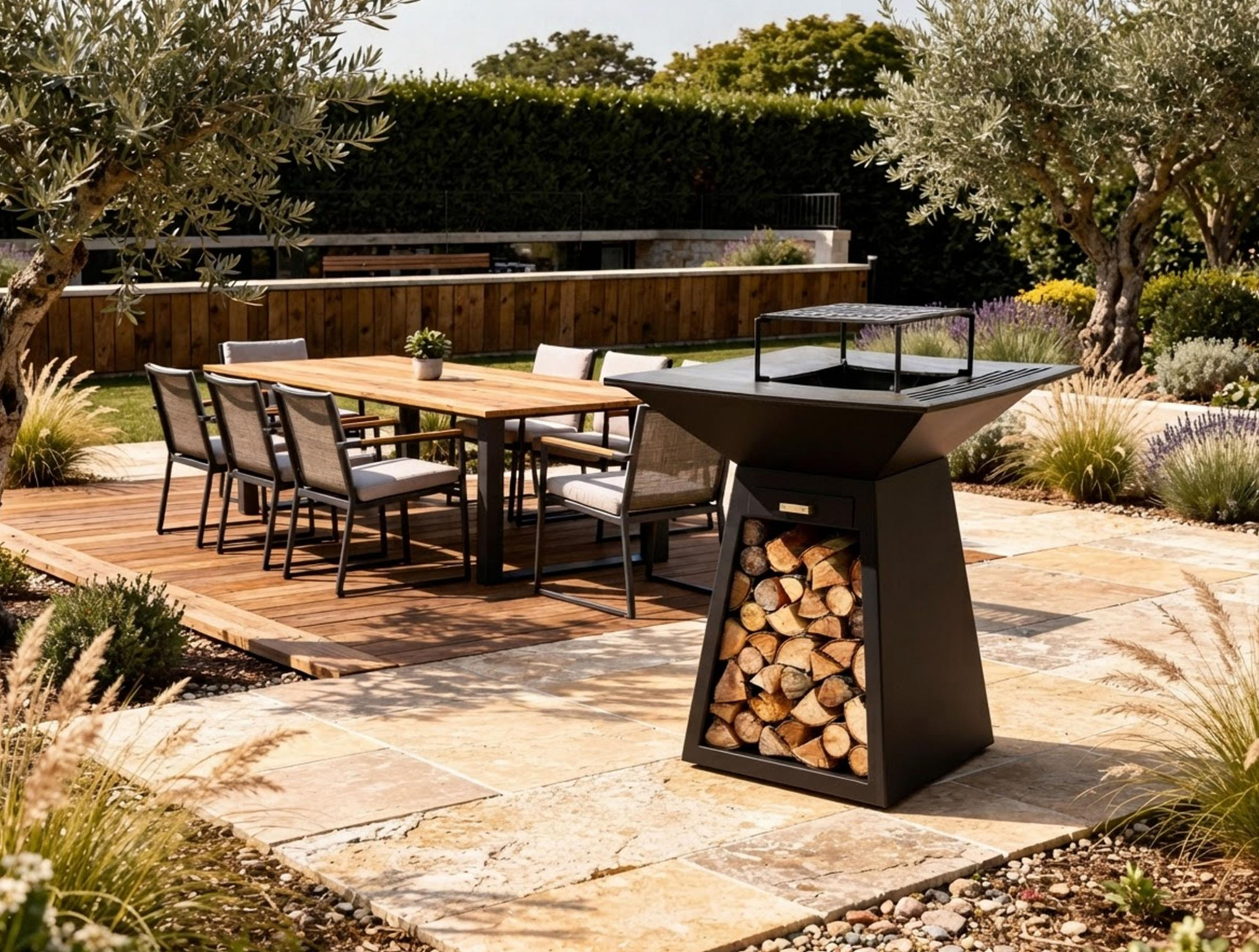 Una parrilla de metal negro sobre patio de piedra con base de leña, junto a mesa de comedor y sillas en un jardín.