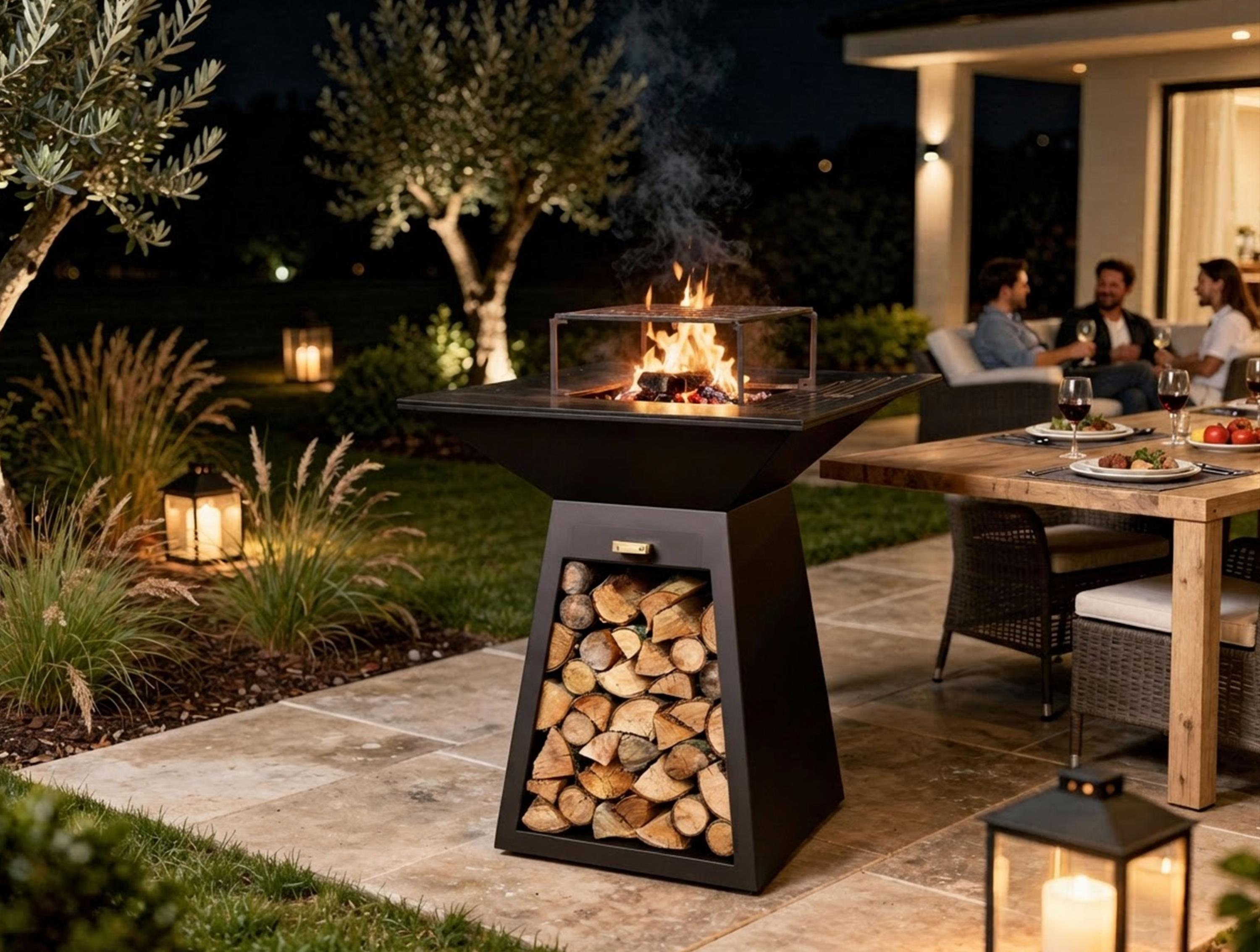 Una chimenea moderna con leños arde en un jardín de noche, mientras personas están sentadas en una mesa cerca.
