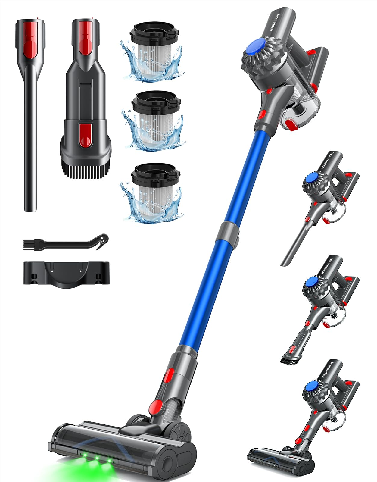 Aspirapolvere senza fili con tubo blu, varie teste di spazzola e filtri su sfondo bianco.