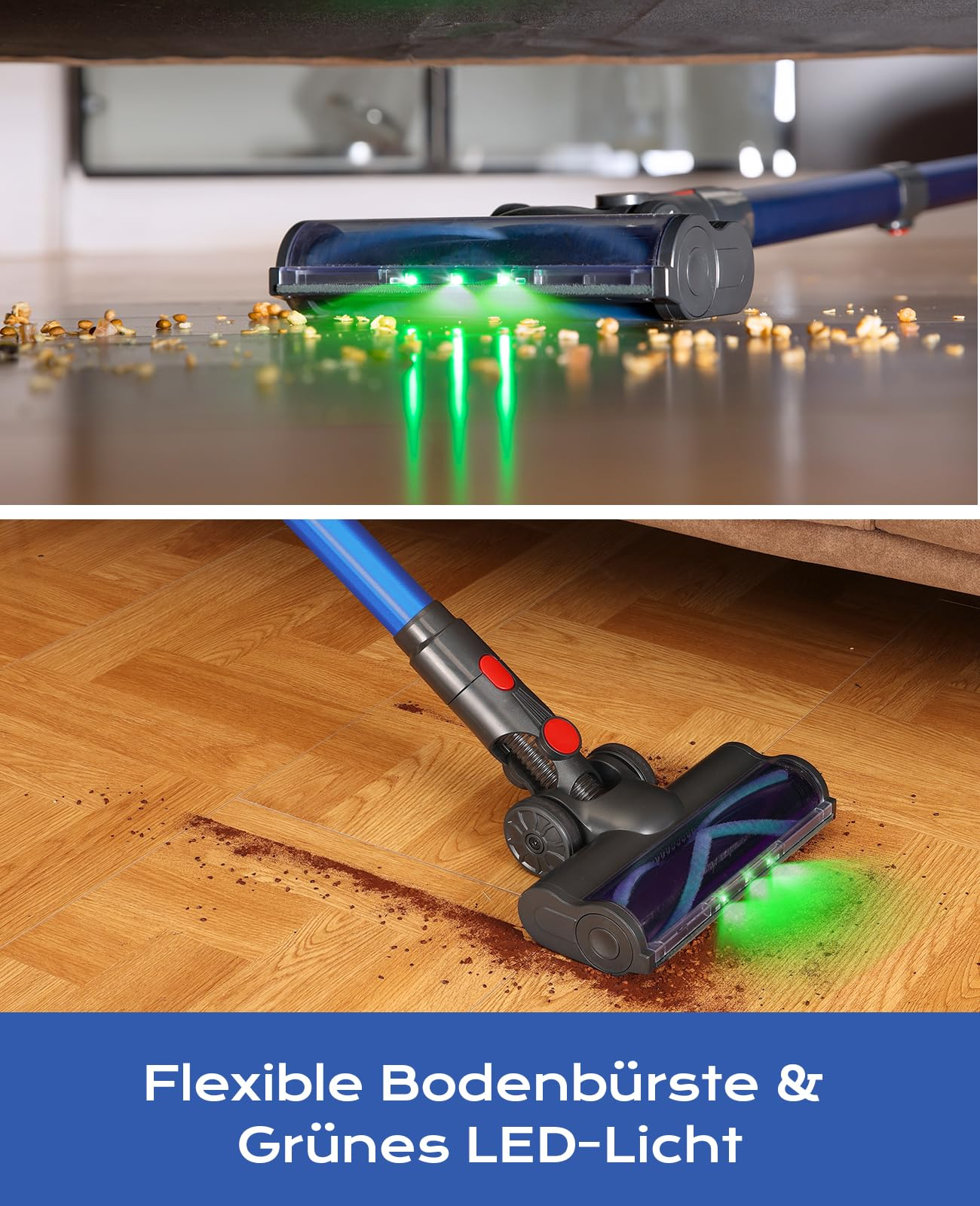 Un aspirapolvere blu con luce LED verde pulisce lo sporco da pavimenti in legno e parquet.