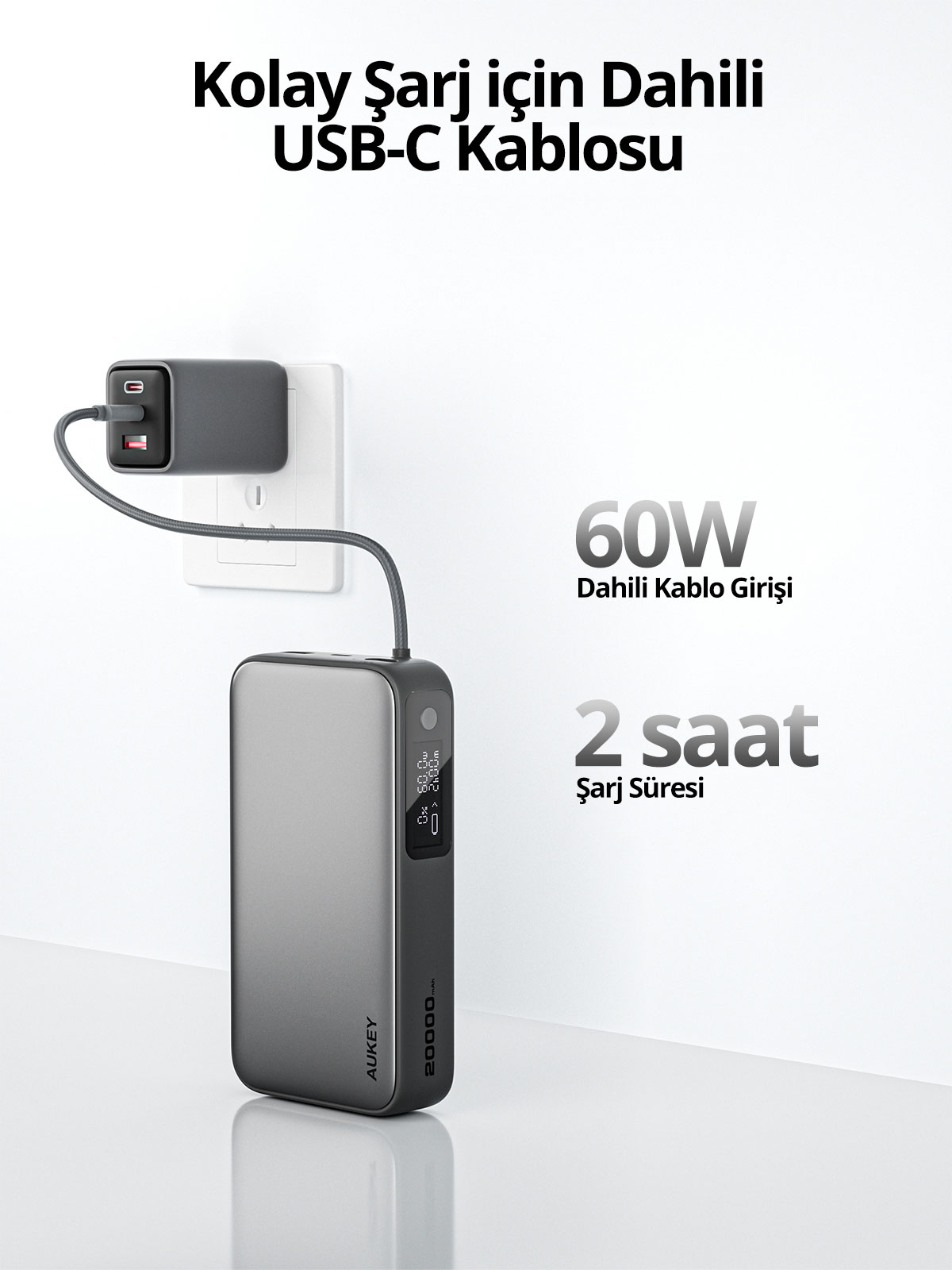 Dahili kablo ile duvar şarj cihazına bağlı powerbank, beyaz arka plan önünde.