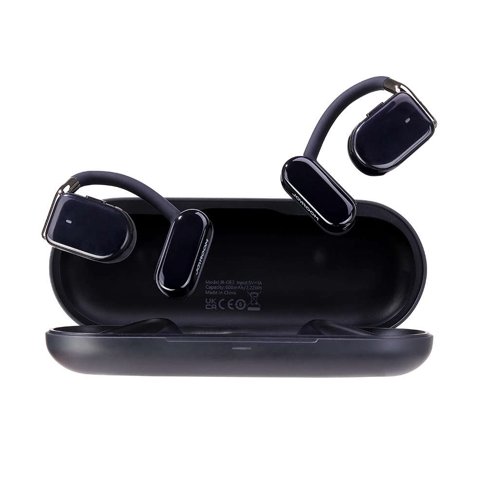 Black open-ear wireless earbuds with ear hooks hovering above an open charging case on a white background.