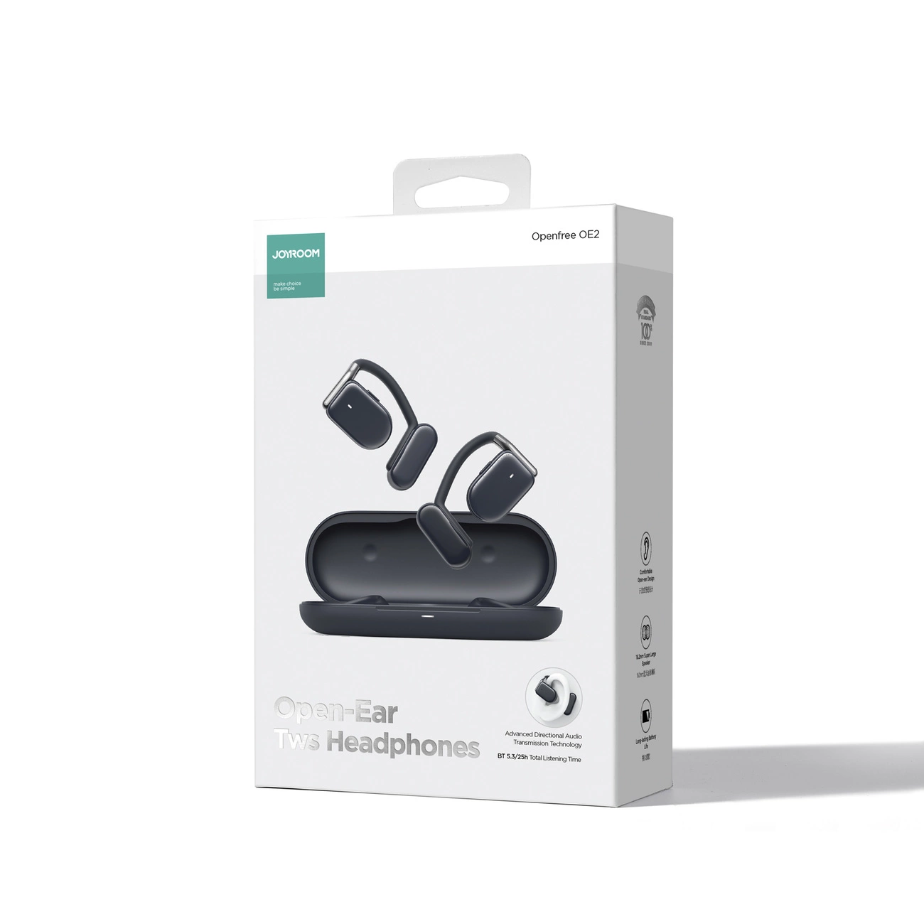White product box for Joyroom Open-Ear TWS headphones showing the charging case and earbuds on the front.