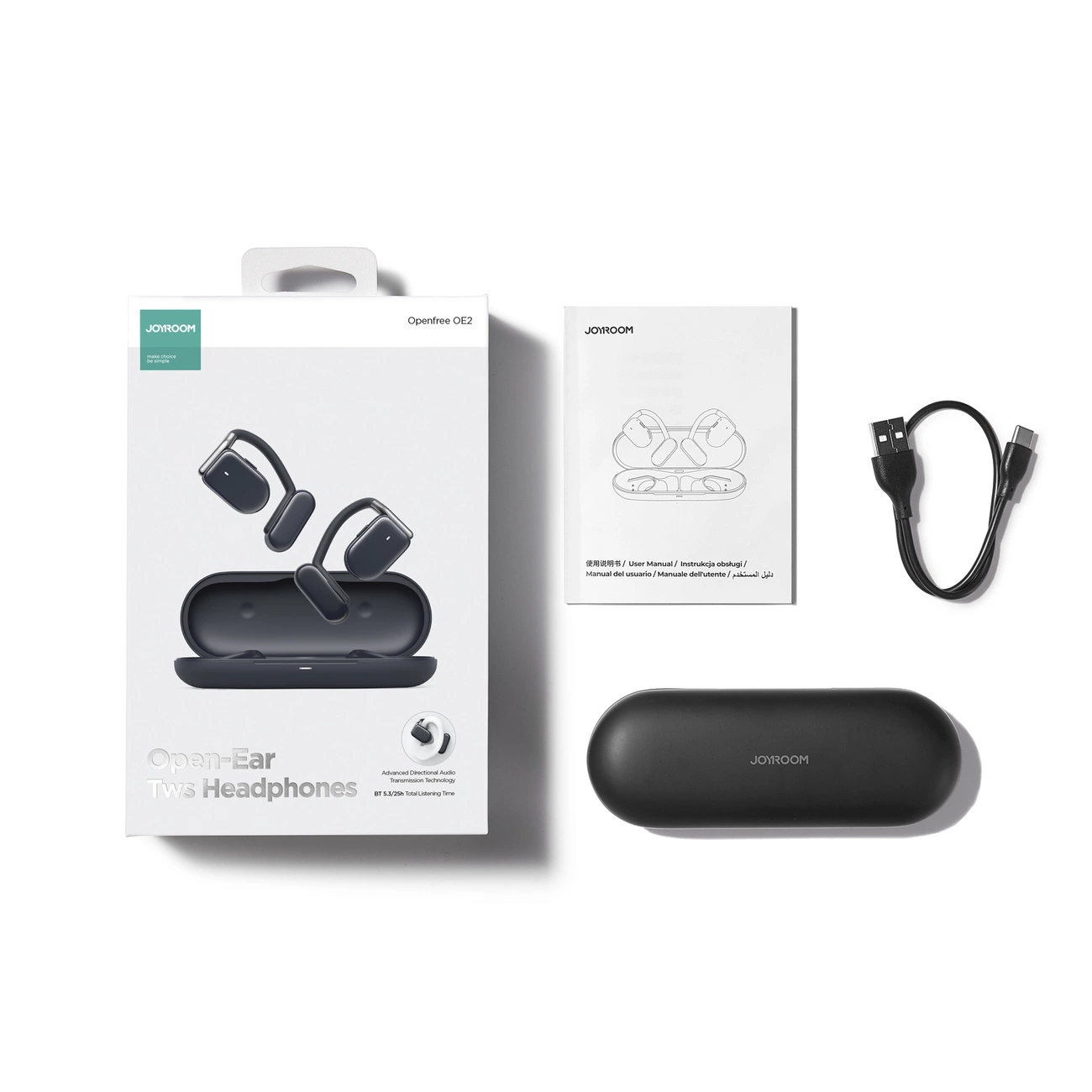 Joyroom open-ear headphones in white box with charging case, manual, and USB cable.