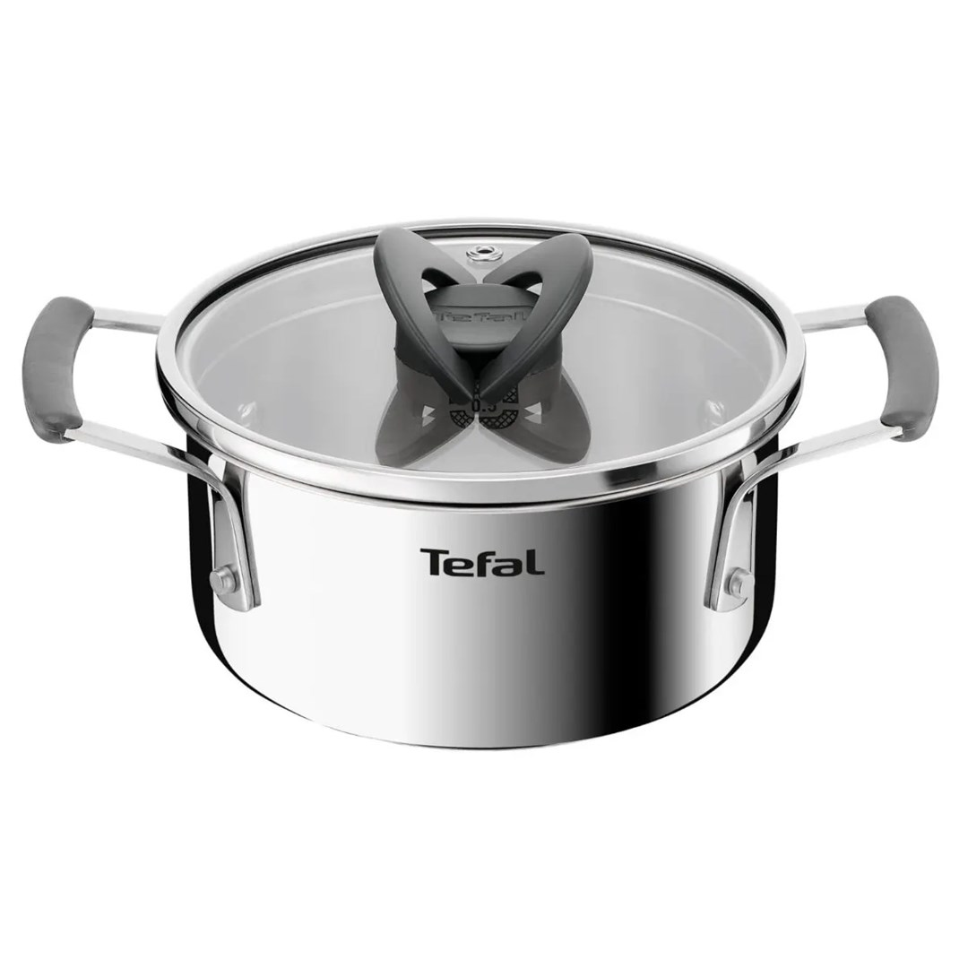 Błyszczący garnek ze stali nierdzewnej Tefal z szarymi uchwytami na białym tle.