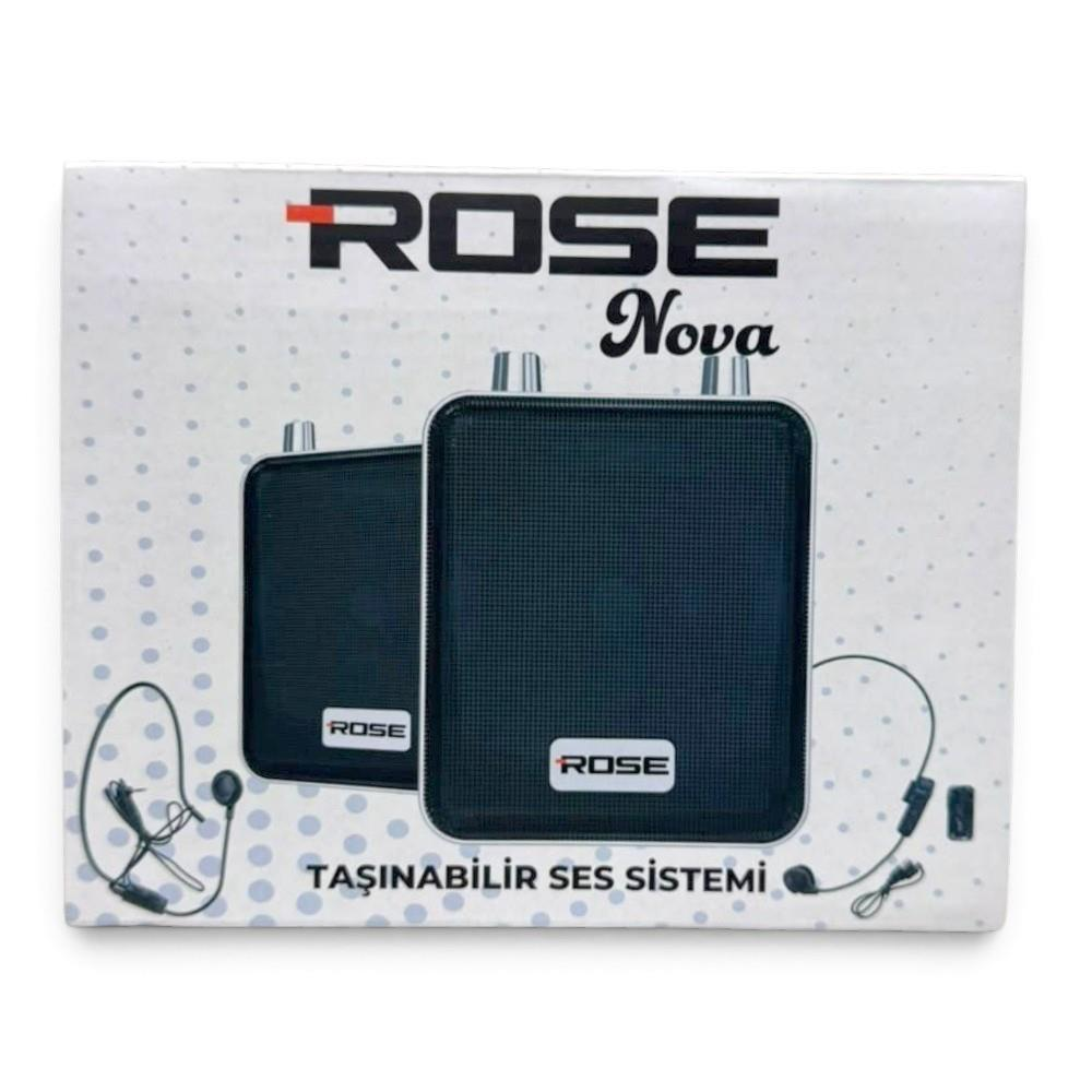 İki hoparlör ve mikrofon içeren Rose Nova taşınabilir ses sistemi ürün kutusu.