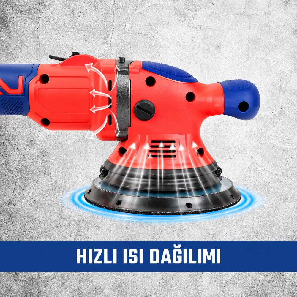 Gri arka plan önünde beyaz hava akışı okları ve HIZLI ISI DAĞILIMI yazısı olan kırmızı ve mavi polisaj makinesi.