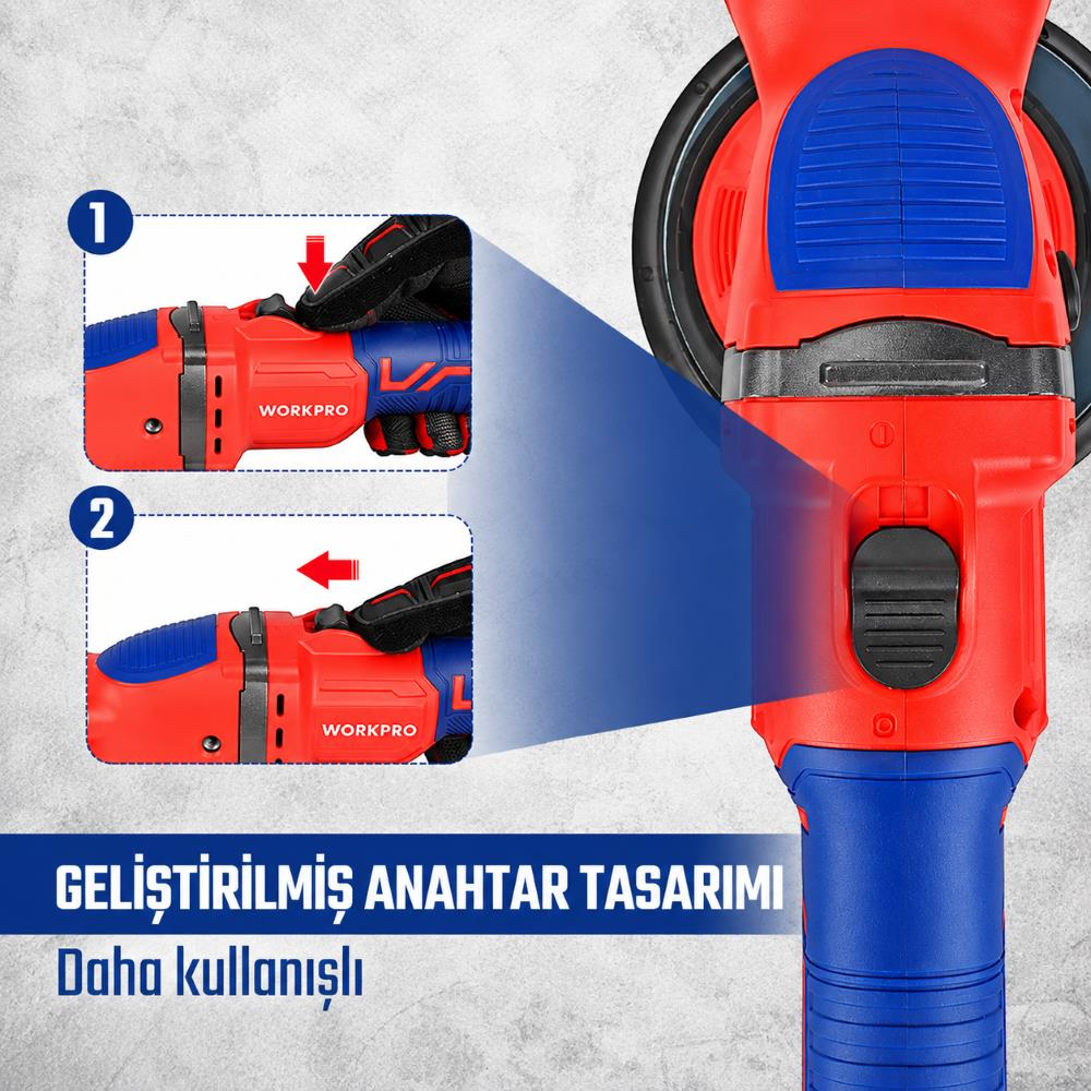 Gelistirilmis anahtar tasarimini gosteren iki aciklayici ek parca ile kirmizi ve mavi polisaj makinesinin yakini.