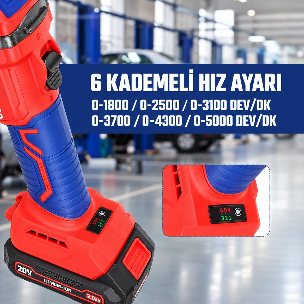 Hız ayarlarını gösteren kırmızı ve mavi Workpro şarjlı aletin yakın plan görüntüsü.